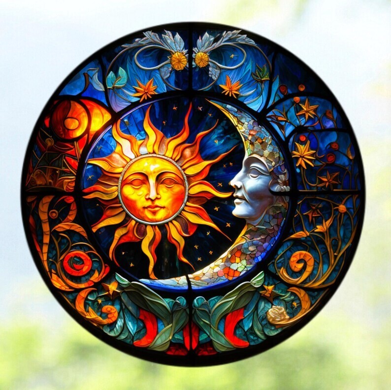 Sun & Moon Faux Stained-Glass WINDOW CLING Size 8" Round Vinyl
