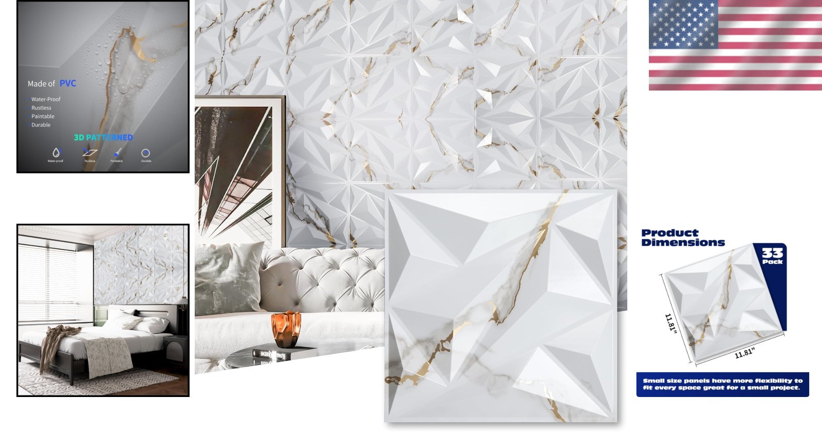 Waterproof 3D Wall Panels 33pk Diamond PVC Gold Veined White Commercial Interior