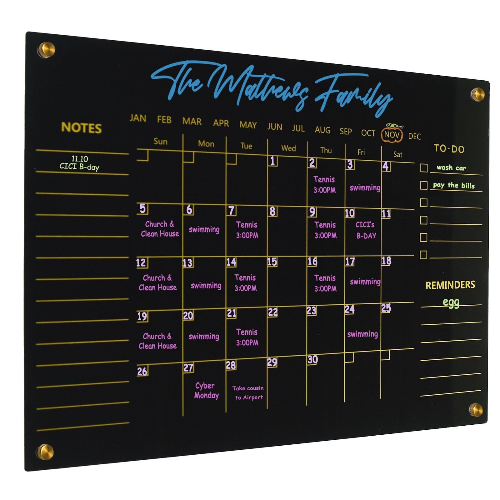 Black Acrylic Calendar Dry Erase for Wall, Family Planner, Monthly Calendar D…