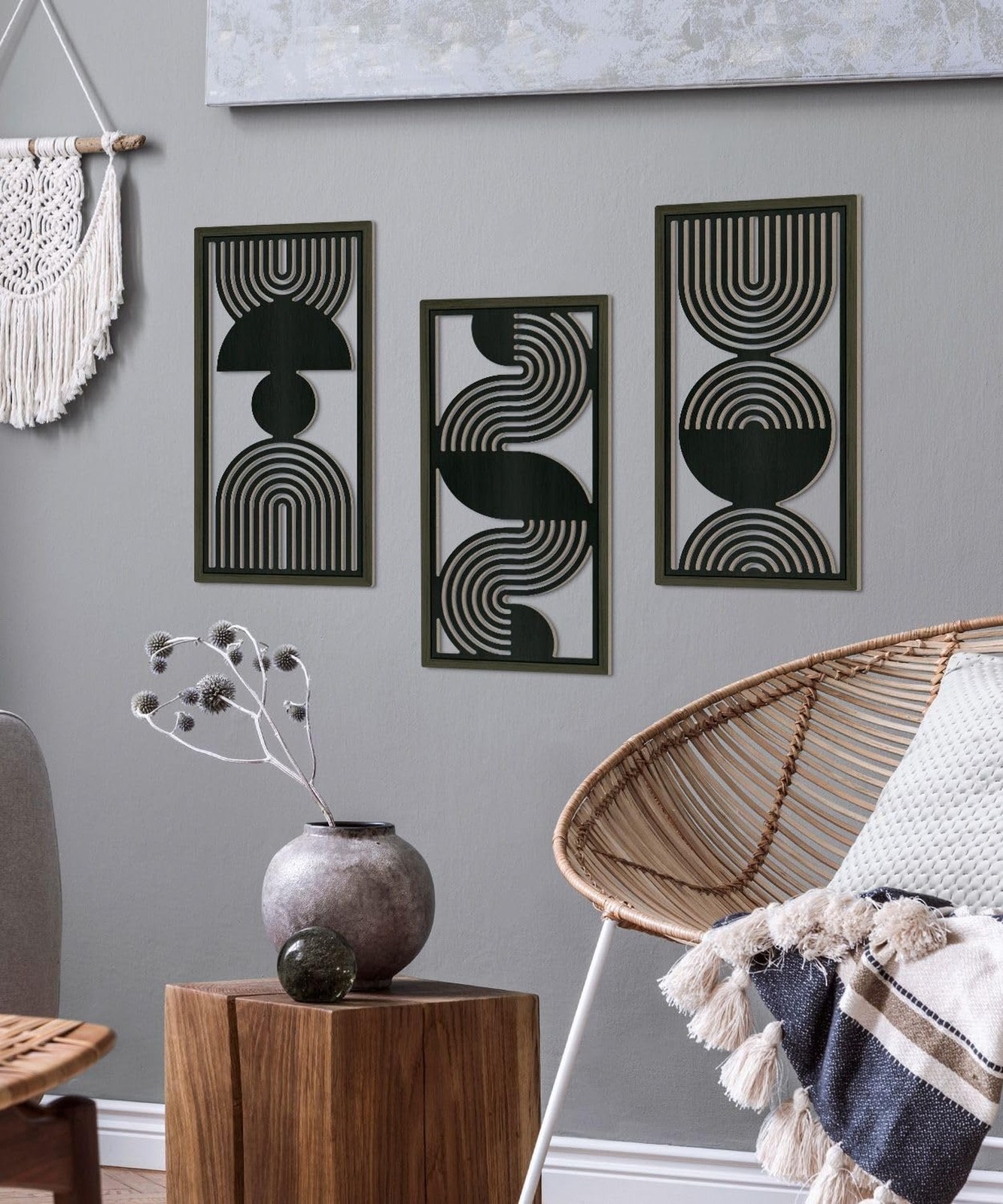 Putuo Decor Modern Minimalist Wall Art Set of 3, Black and Gray MDF Cut-Out G…