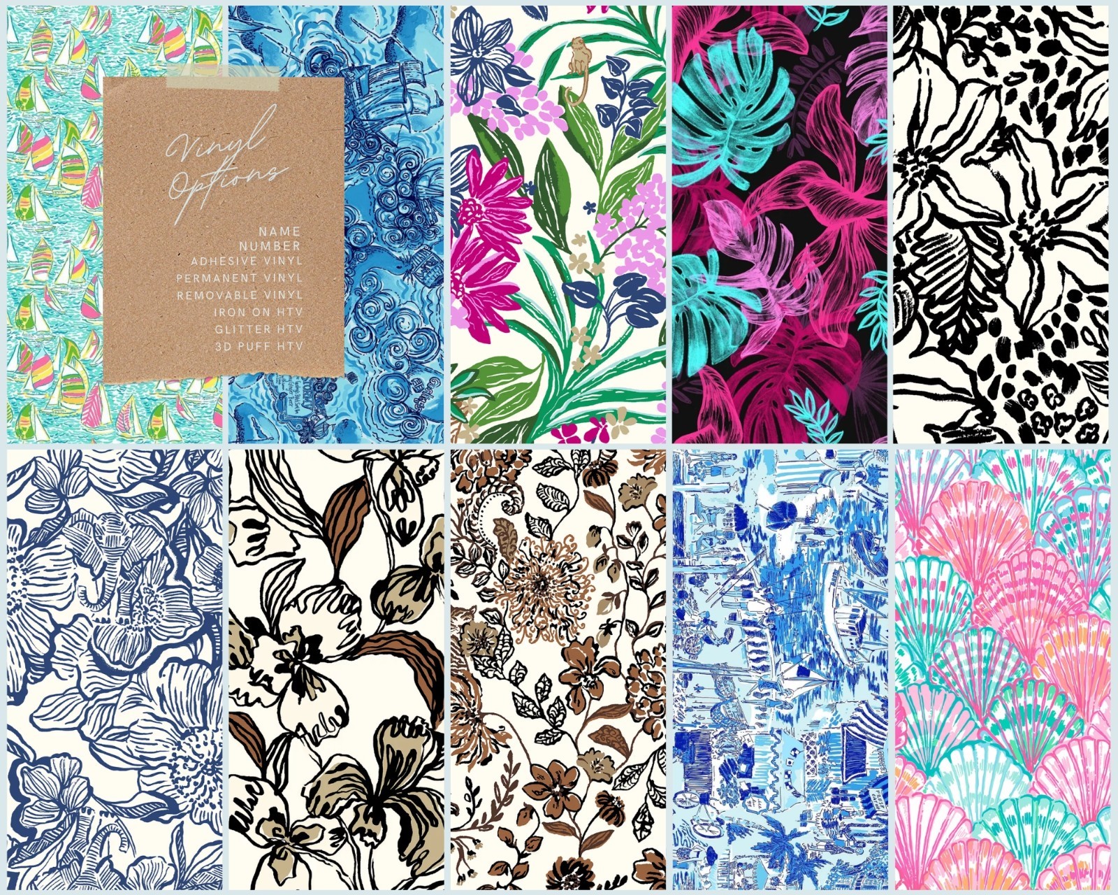 26 Lilly P Premium Vinyl Patterns & Iron on HTV, for Cricut cutting machines