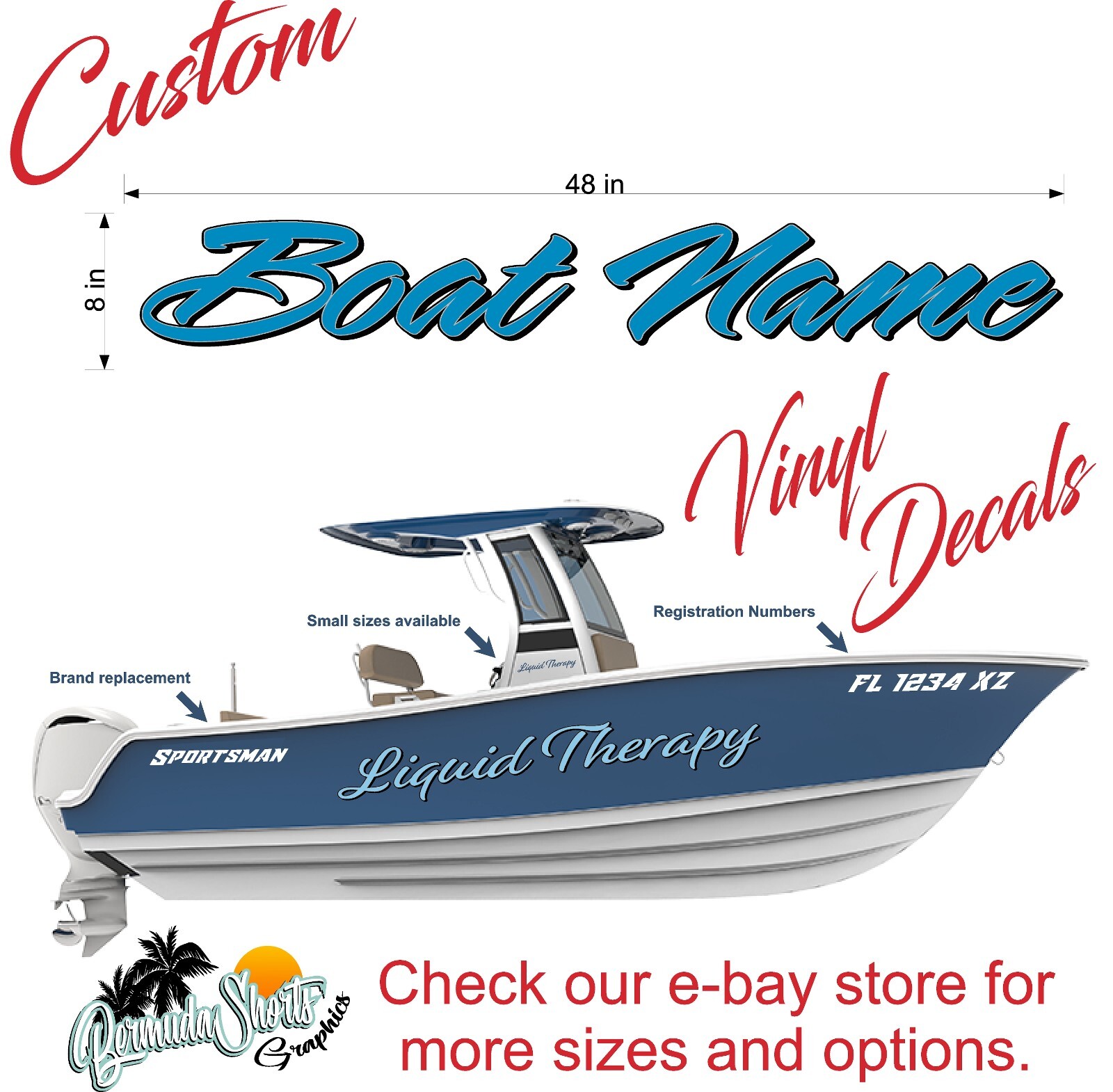 Boat Name Decal 8×48" / Custom Hull Graphic / Premium Marine Vinyl Lettering 2CL