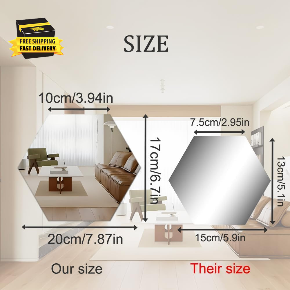 Mirror Wall Stickers – 12PCS Hexagon Art DIY Decorative Acrylic Sheet Plastic Ti
