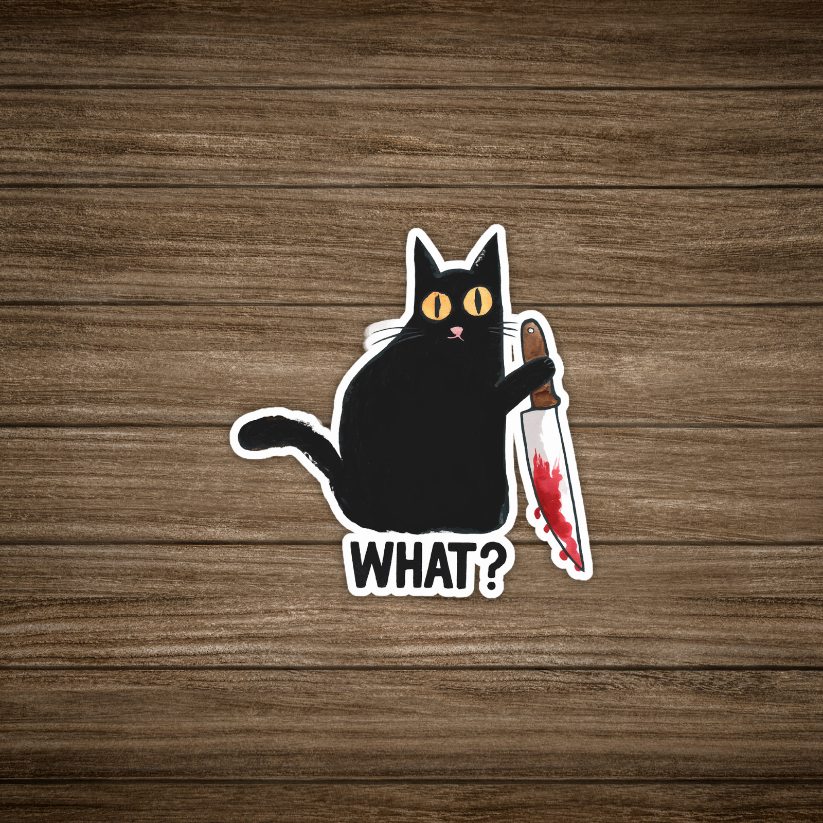 Funny Black Cat Sticker – Curious Kitty with Bloody Knife Drawing #131