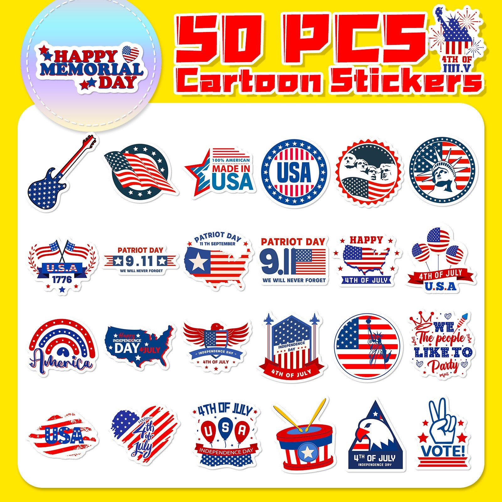 50PCS USA Flag Patriotic Stickers Independence Day Faith Decals for Laptop Phone