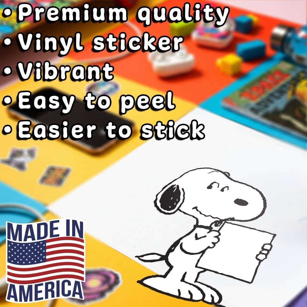 Peanuts cute sticker of Snoopy holding a white sign 4.5"H x 3"W
