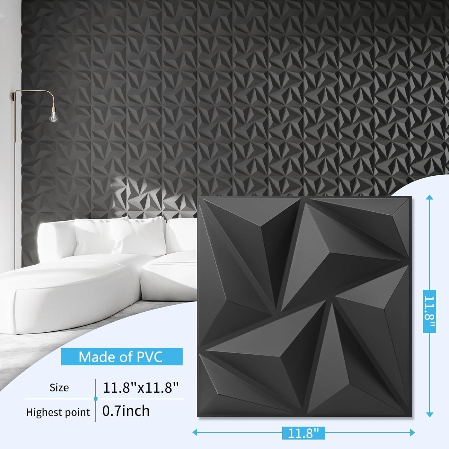 20-Pack 3D Black PVC Wall Panels – Lightweight Glue-Up Decor for Modern Spaces