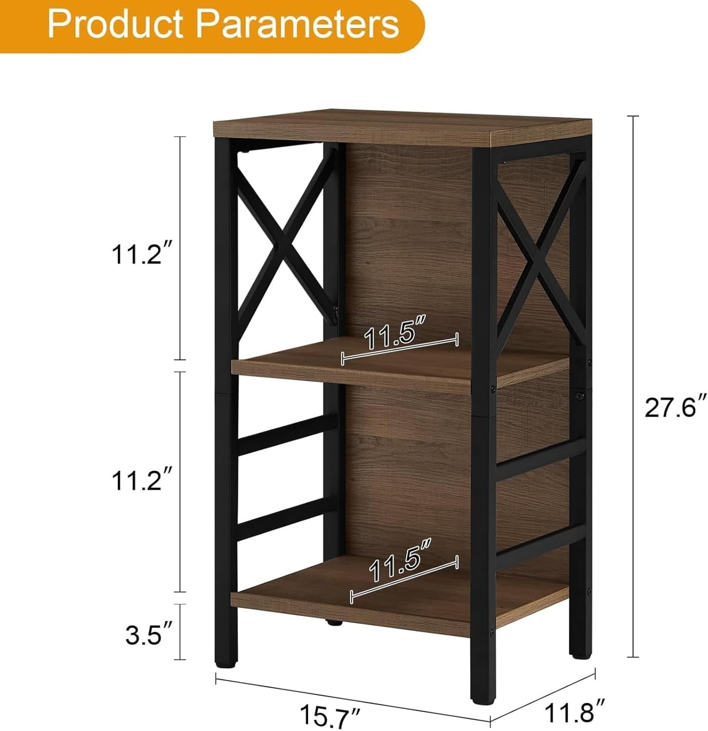 Small Bookshelf 3 Tier Industrial Bookcase Rustic Brown Metal Frame Home Storage