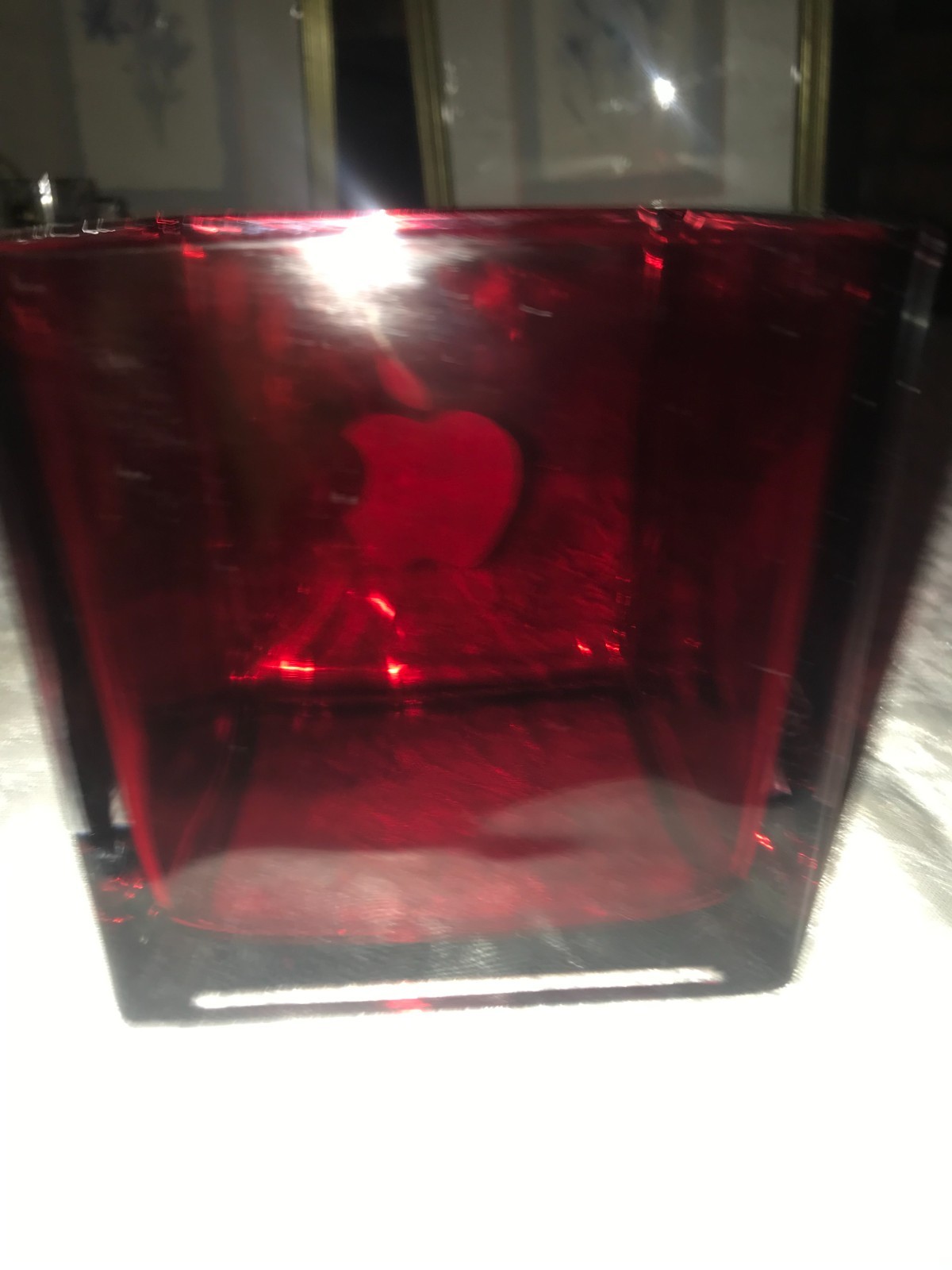 APPLE Inc. WHITE Iconic LOGO Red HEAVY Glass VASE Planter BOWL 4¾" SQUARE Cube