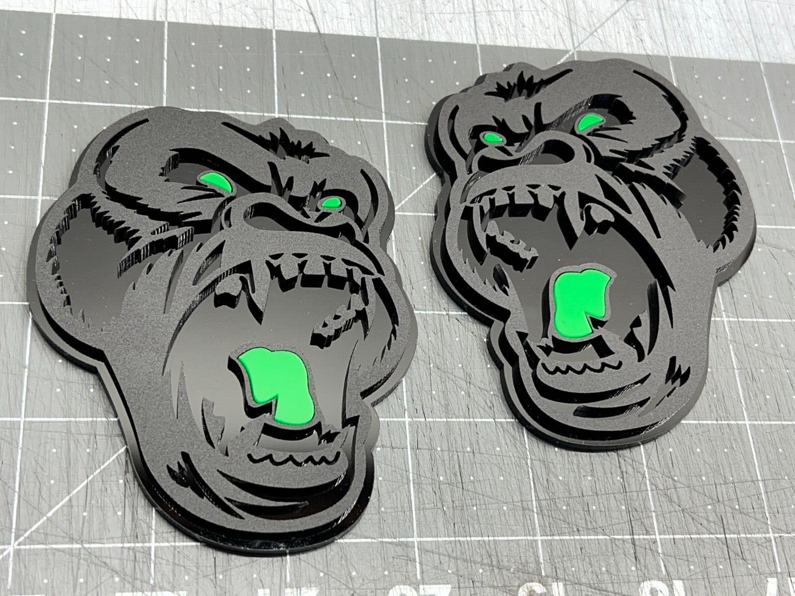 Angry Gorilla Green Eye Car Truck Emblem Badge Matte Black /Black Custom PK of 2