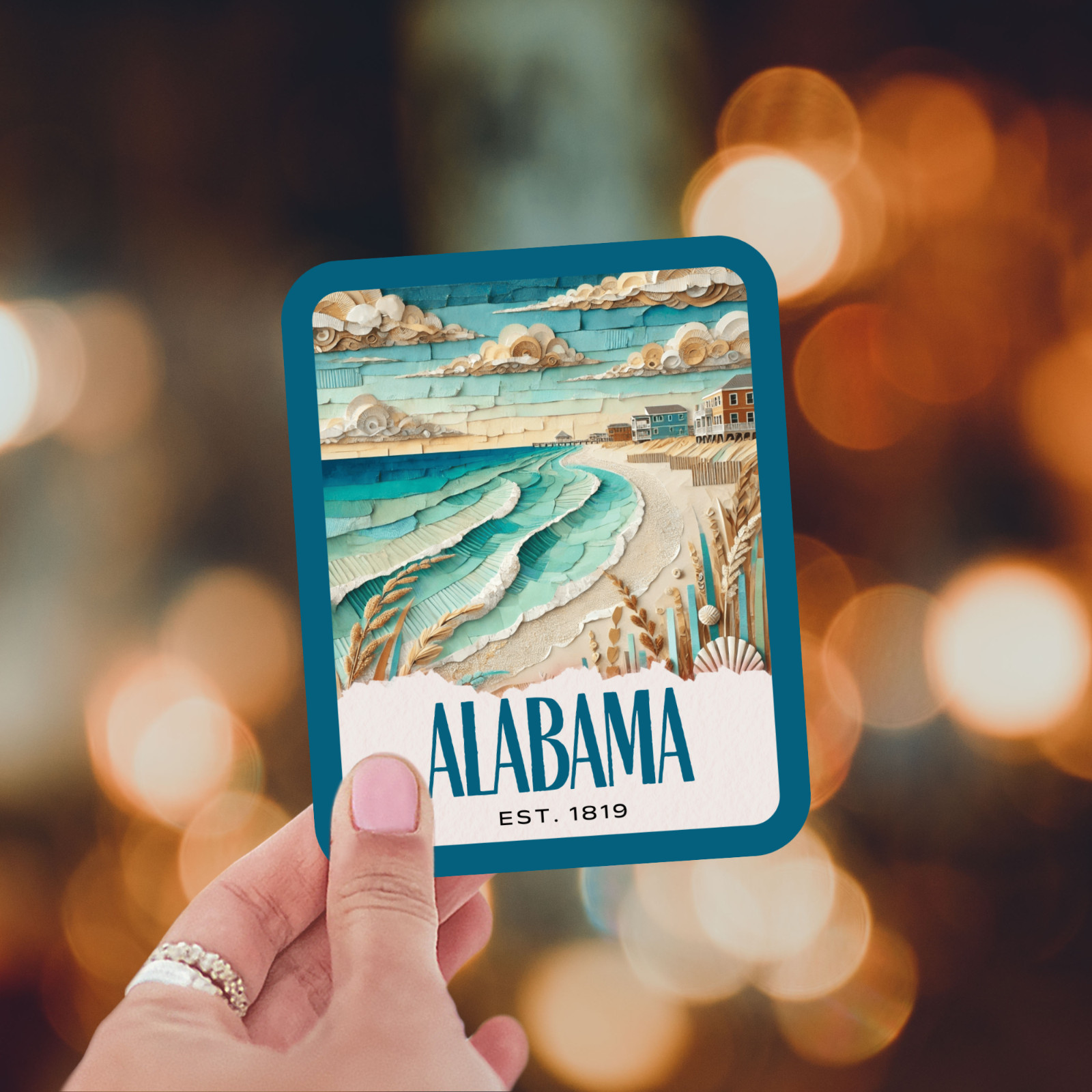 Gulf Shores Alabama Sticker, Paper Collage Look, Beach Scene Vinyl Decal