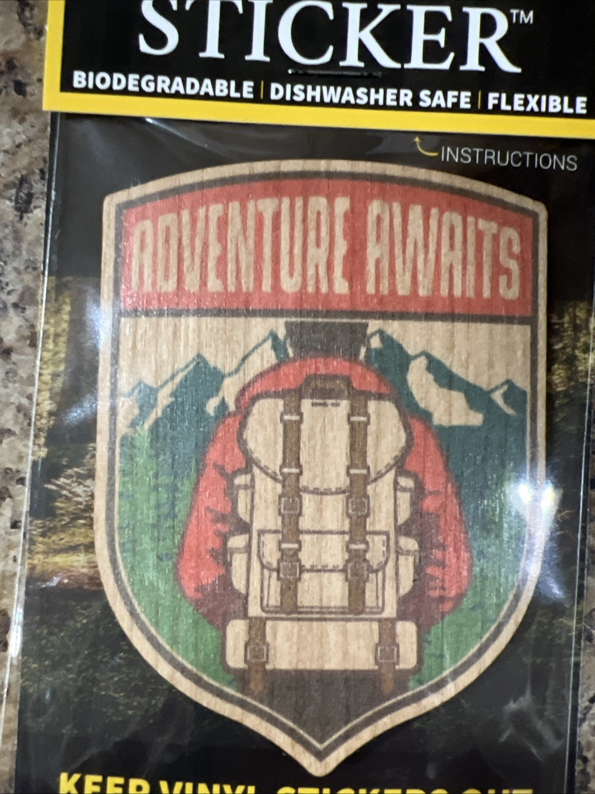 Adventure Awaits WOOD Sticker 3M Dishwasher SAFE Biodegradable Dust City NEW