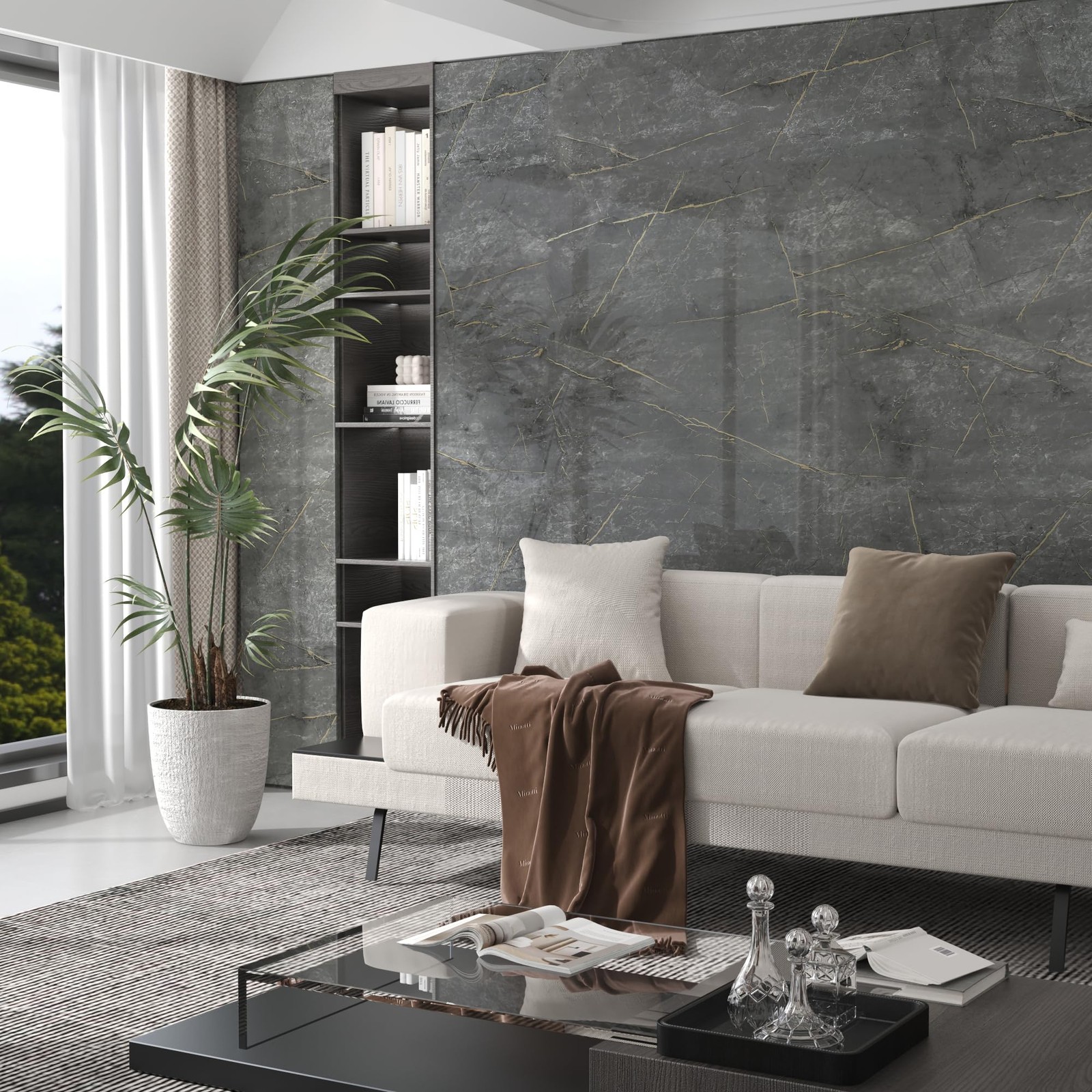 24"×197" Wide Thick Dark Grey Cyan Gold Pattern Marble Wallpaper Peel and Sti…