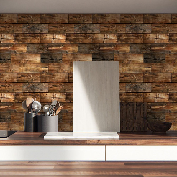 10pcs Self-Adhesive Wood Grain Wall Tiles Waterproof Decor Wall Sticker Kitchen