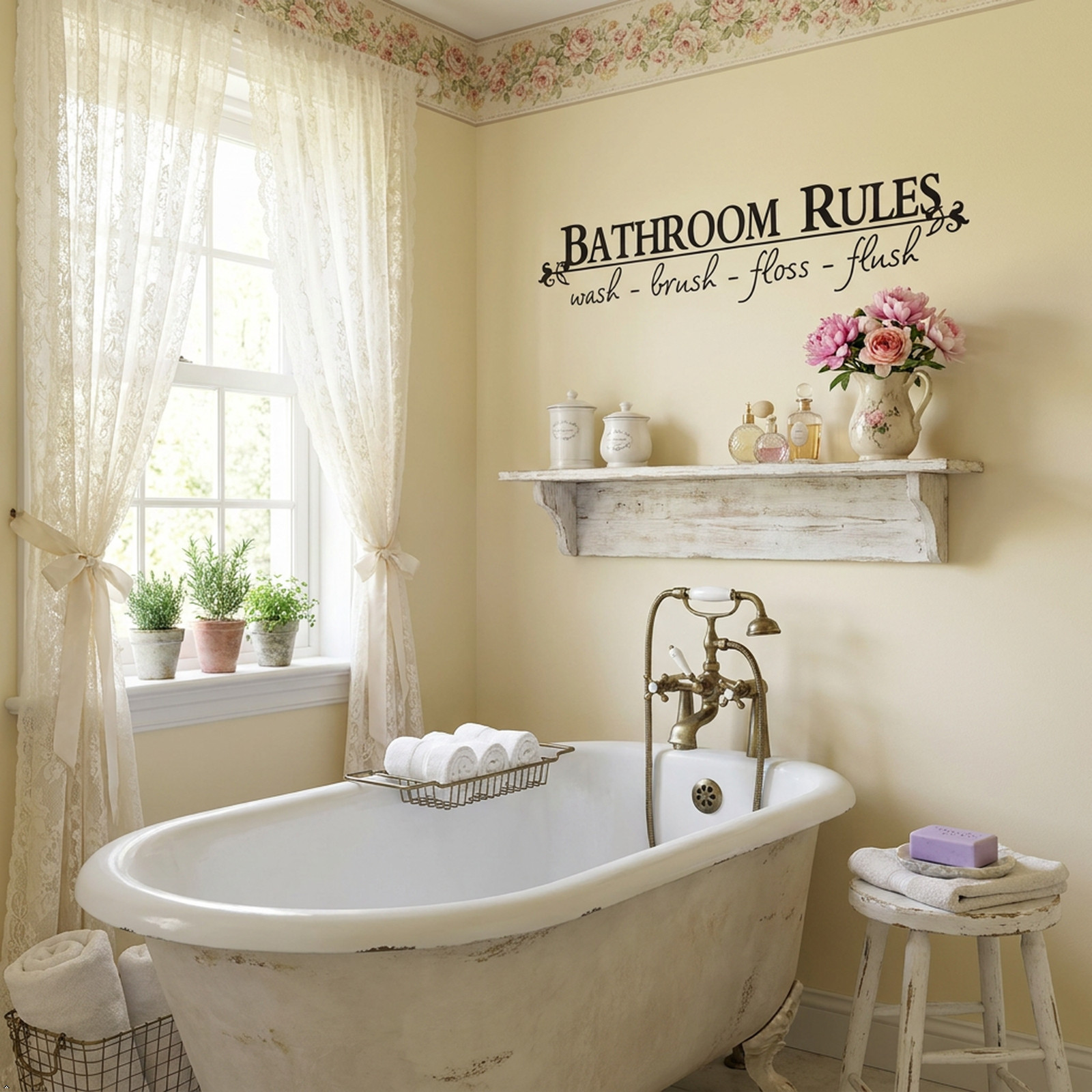 Bathroom Rules Wash Brush Floss Flush Quote Saying Wall Sticker Home Decal Decor