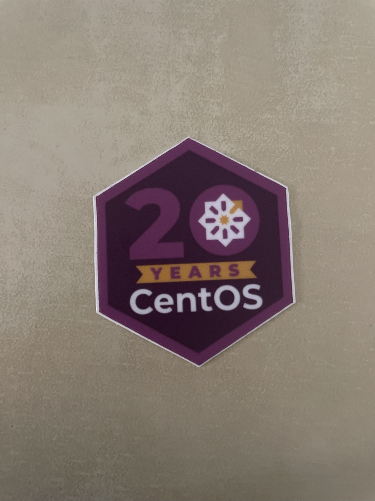 CentOS Logo 20 Years Text Hexagon Sticker Purple Tech Software