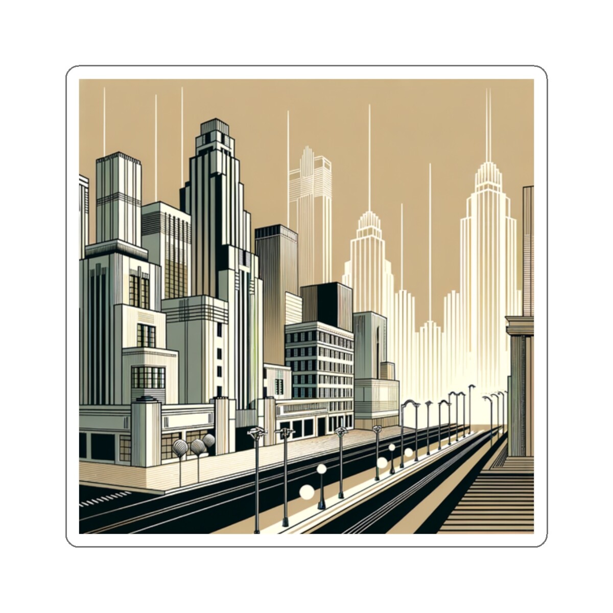 Sticker Art Deco Geometric Cityscape Minimalist Print 2×2" 3×3" 4×4" 6×6"