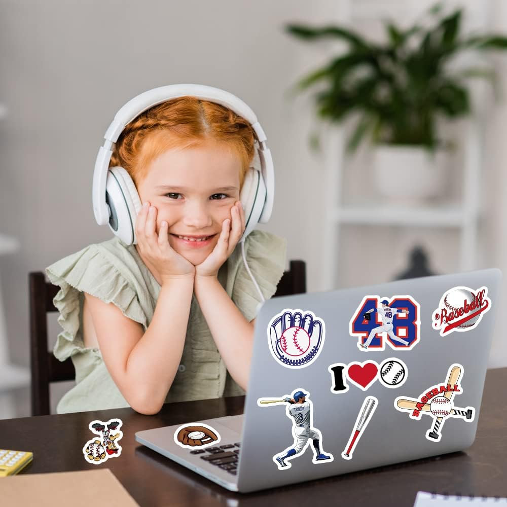 50Pcs Baseball Stickers，Waterproof Vinyl Baseball Tattoos for Kids Teens Boys Ad