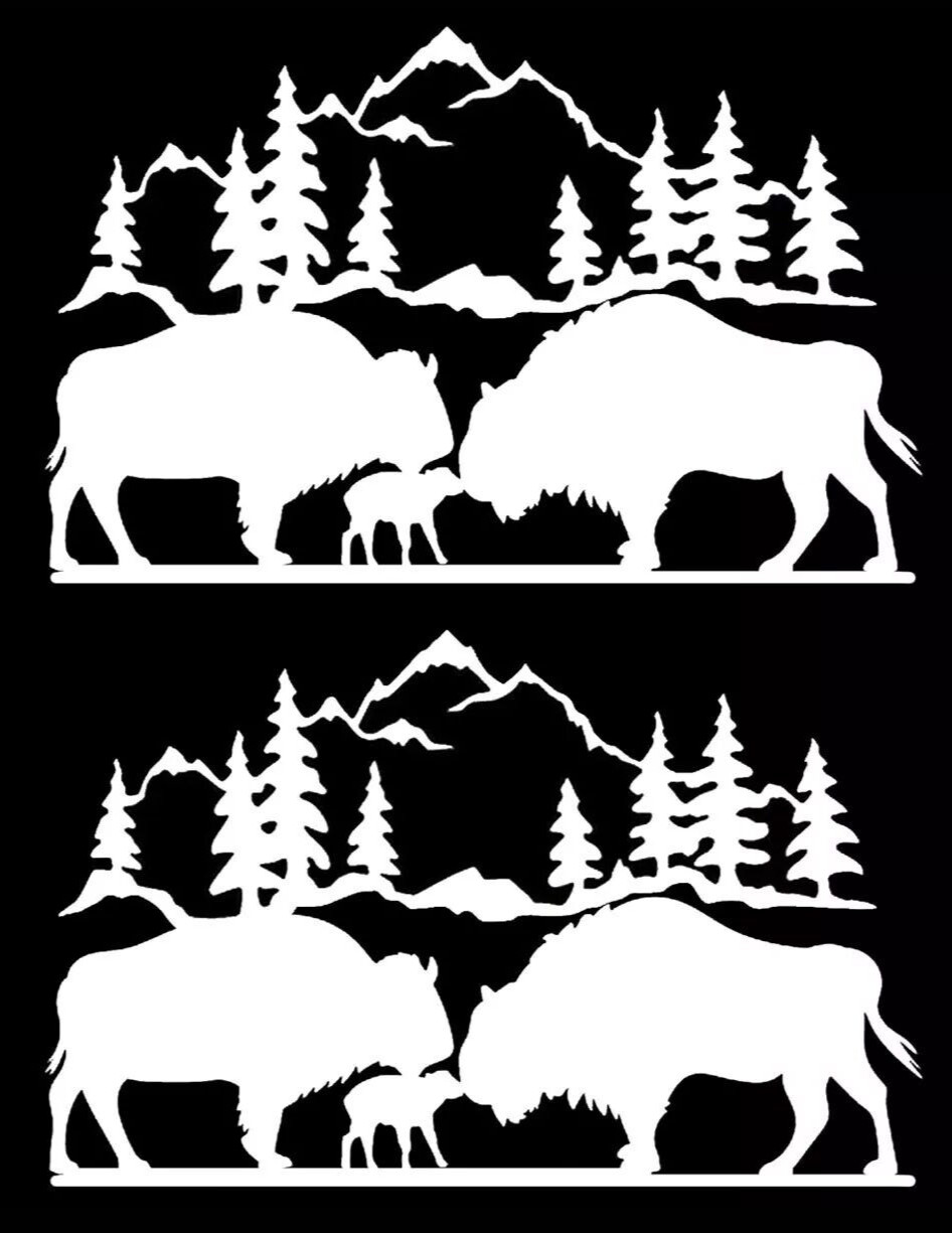 Bison Family landscape Two 6" White Vinyl Decals Car Truck Window Laptop Tablet