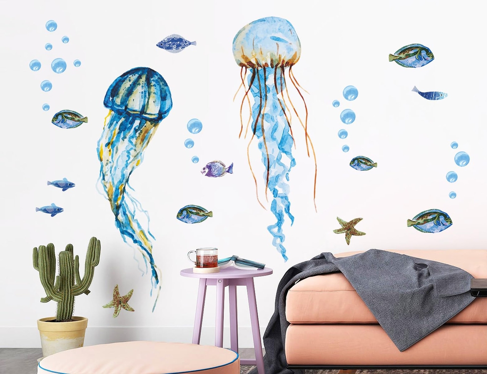 Creative Watercolor Blue Jellyfish Wall Decals Under The Sea Fish Animals Wal…