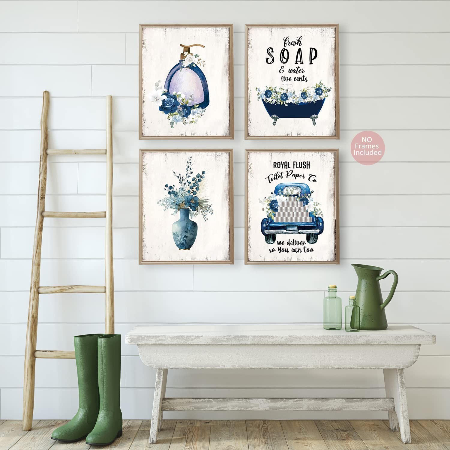 Funny Wall Art Poster, Blue Bathroom Decor, Navy Flowers Pictures, Rustic Vin…