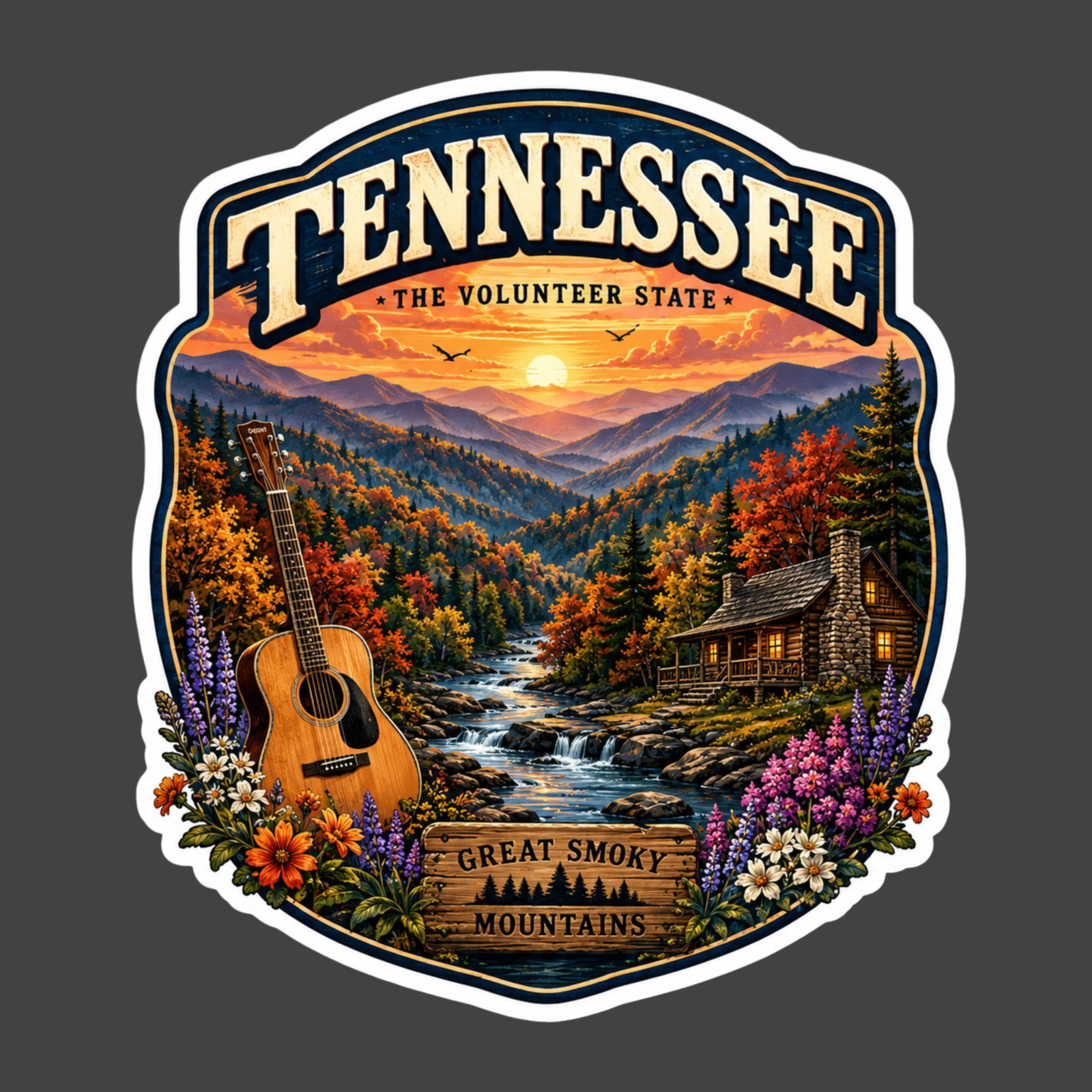 Tennessee Sticker Vinyl Decal Great Smoky Mountains Cabin Guitar Travel Souvenir