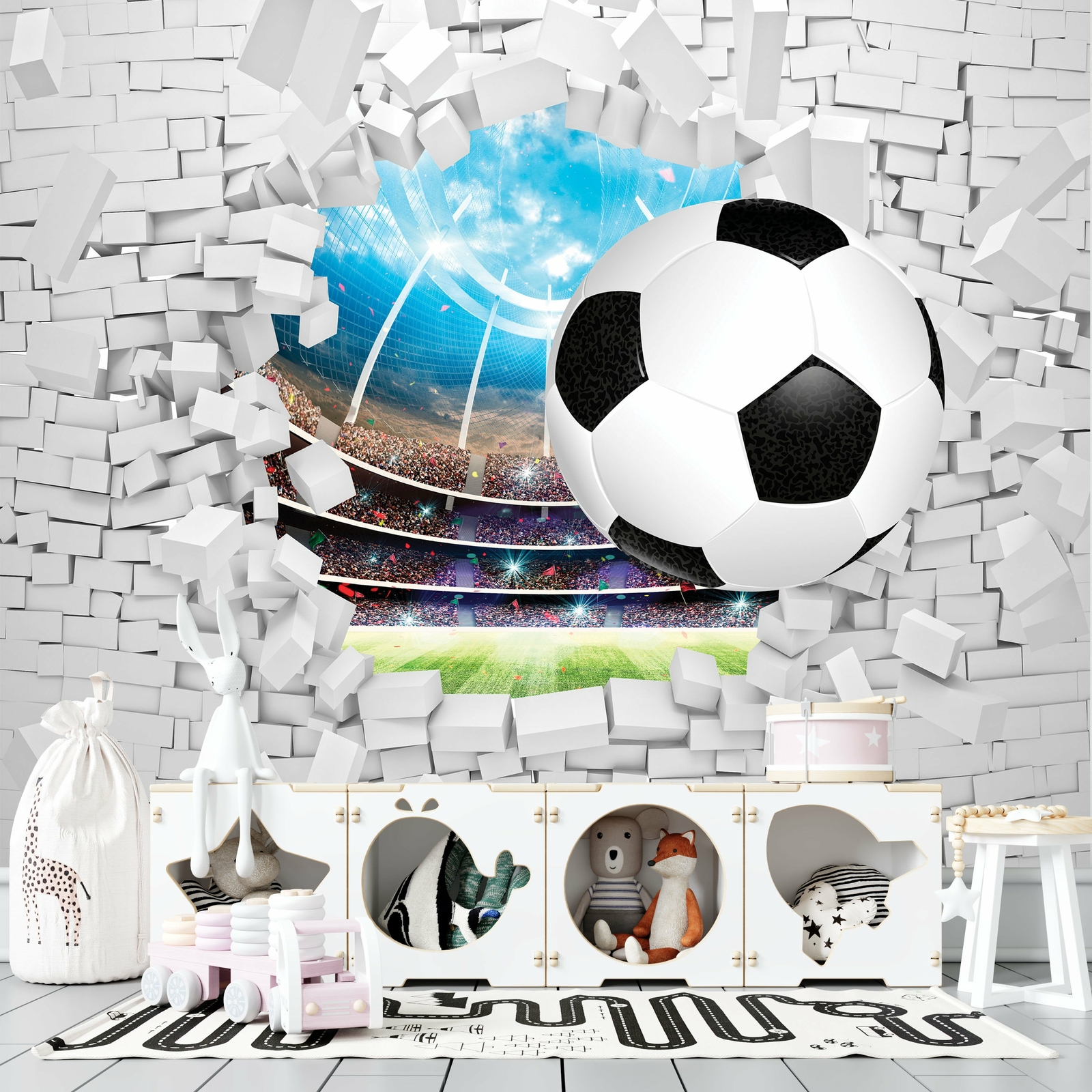 Soccer Ball Through A Brick Wall Wallpaper – Large Wall Mural – Self-adhesive