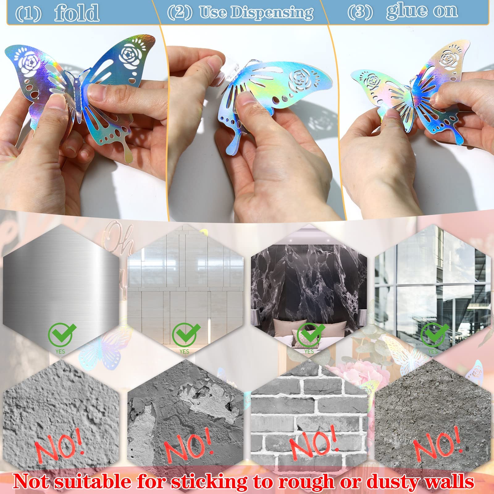 60 Pcs 3D Iridescent Silver Butterfly Wall Stickers, Holographic