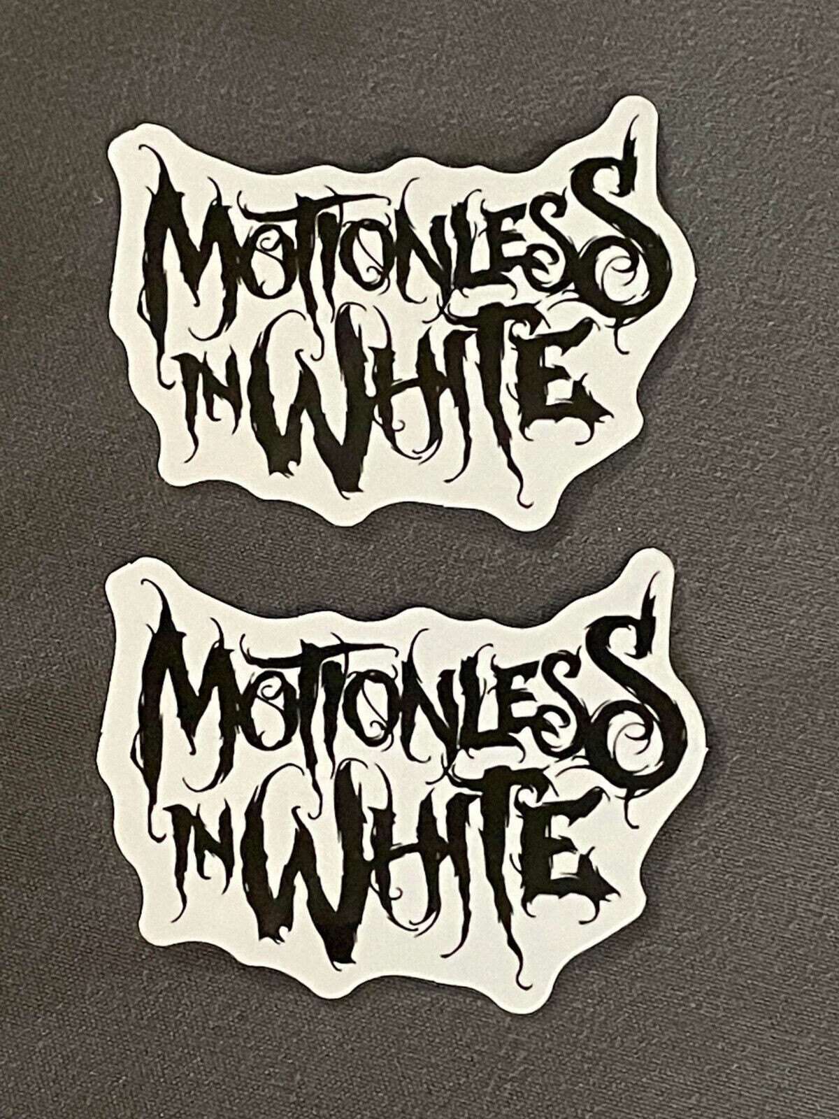 Lot (2) MOTIONLESS IN WHITE 1 1/2" x 2" Band Logo STICKERS Black FAST! FREE SHIP