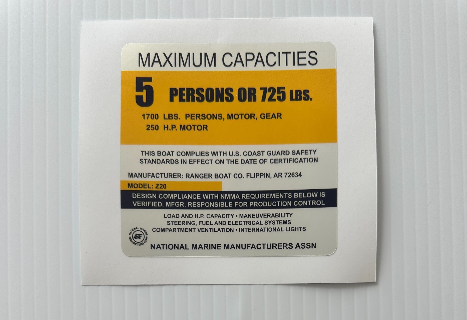 Ranger Boats Z20 Capacity Plate Sticker – Replacement Decal – Same Day Shipping