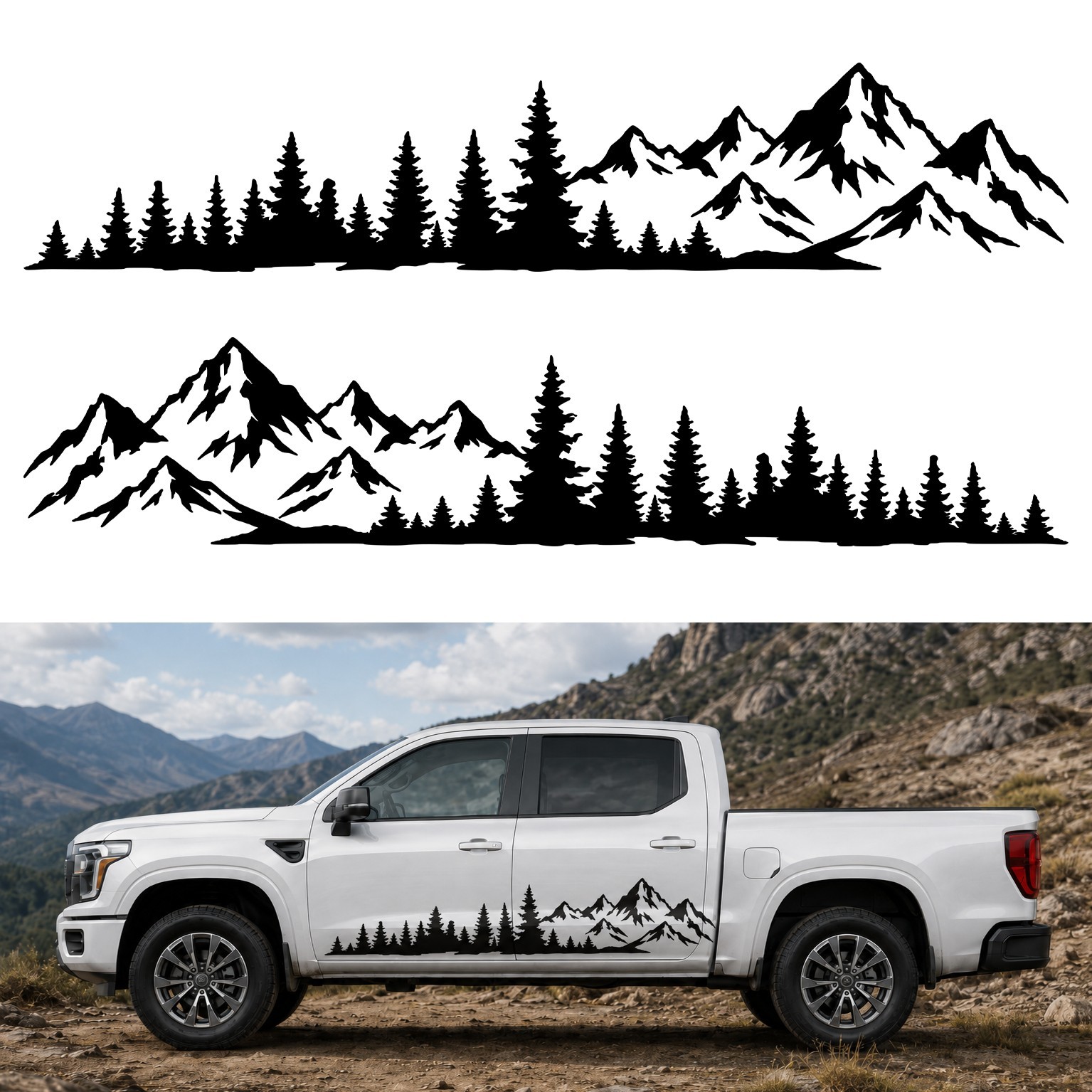 Mirrored Mountain Forest Truck Pair Vinyl Decals Wilderness Landscape Camper V21