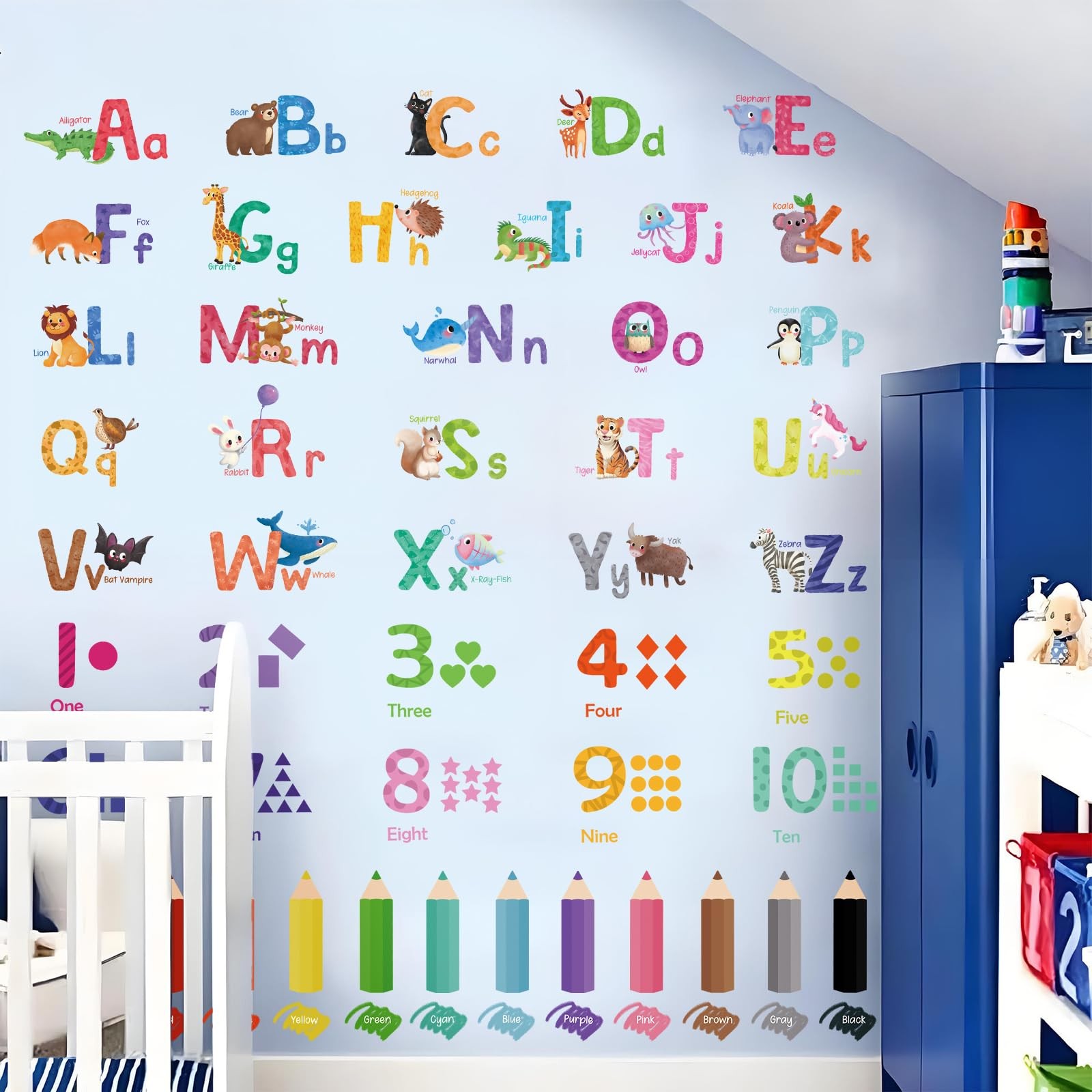 Animal Alphabet Numbers Wall Decals Peel and Stick, Vinyl Educational ABC Wal…