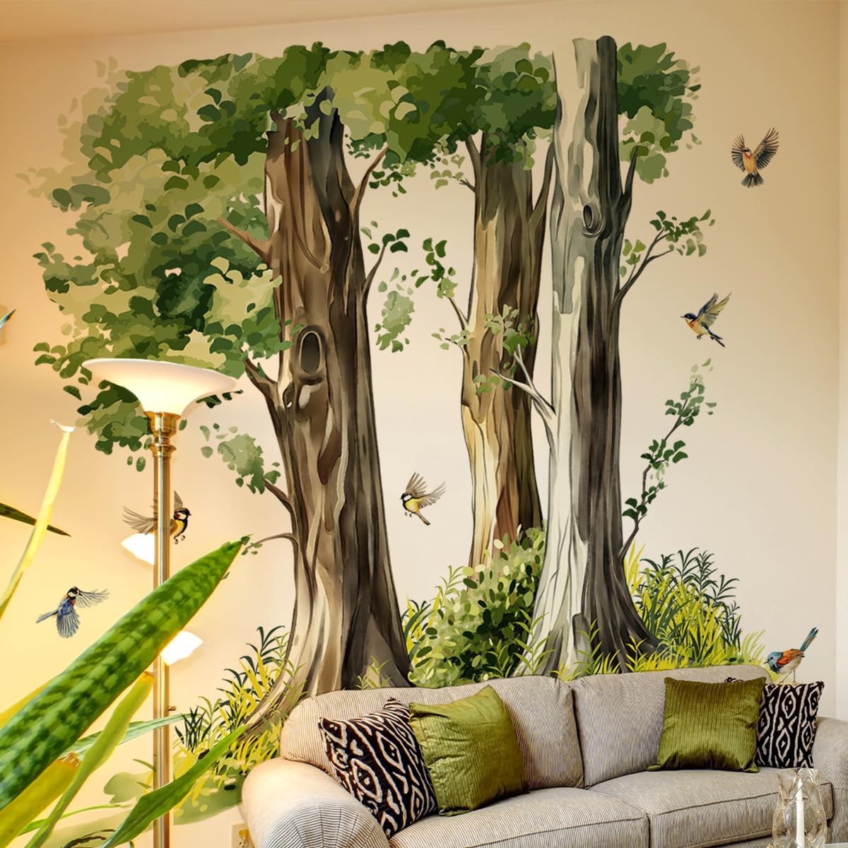 Large Green Trees Wall Decals with Flying Birds for Living Room Bedroom, 49.2…