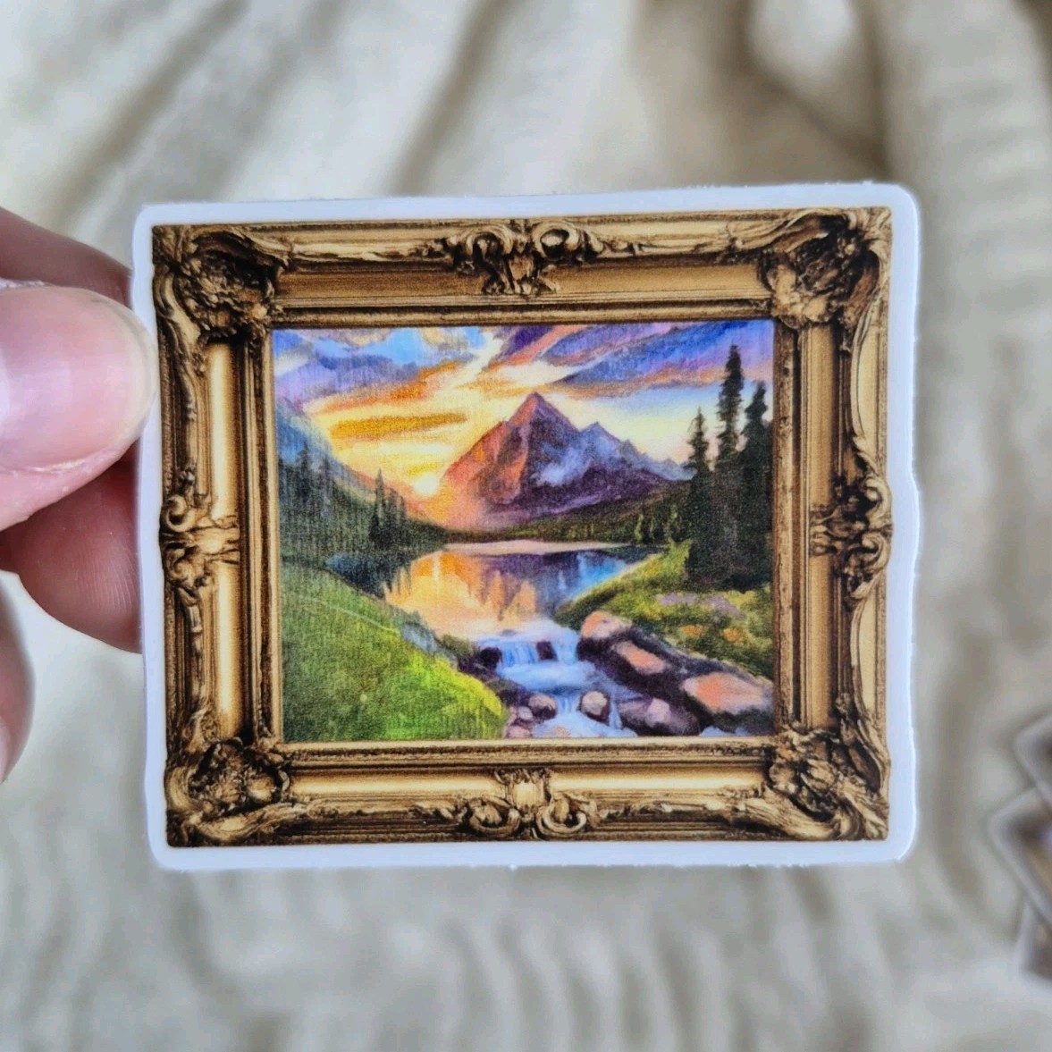 Mountain Landscape Oil Painting Sticker, Matte Vinyl Decal of Original Artwork