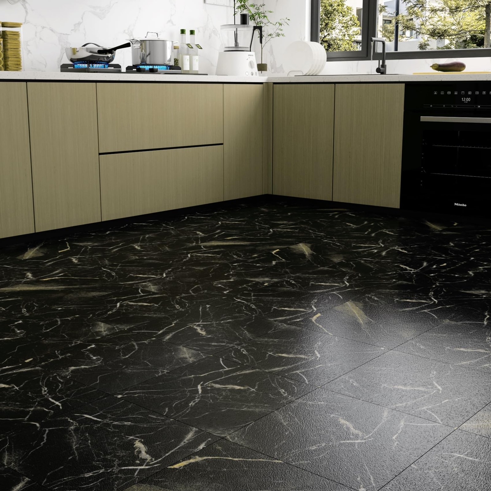LaCheery 12×12 Peel and Stick Floor Tile Waterproof Bathroom Black Marble Pee…