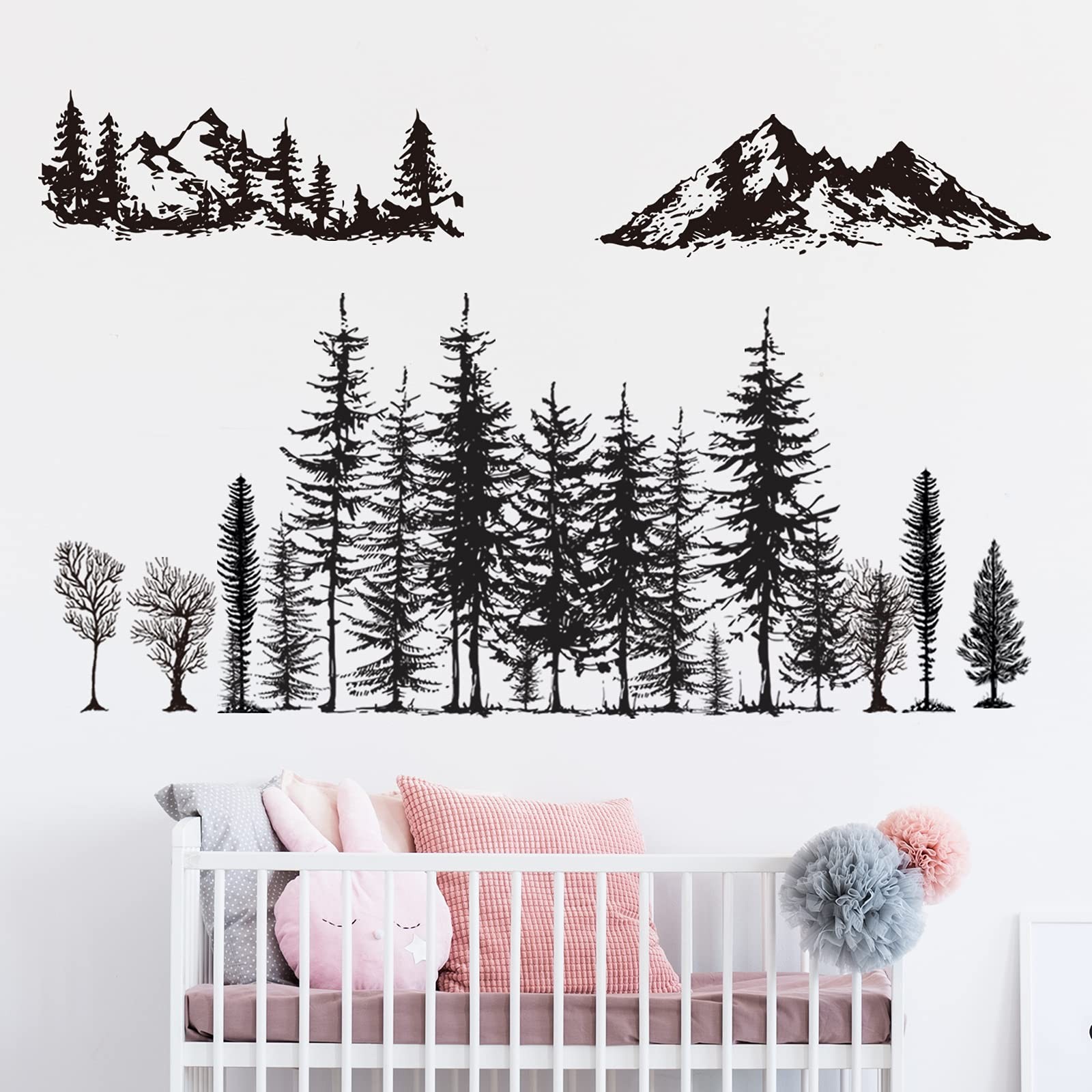Outus 3 Sheets Mountain Forest Bear Wall Decals Stickers Pine Tree As Shown