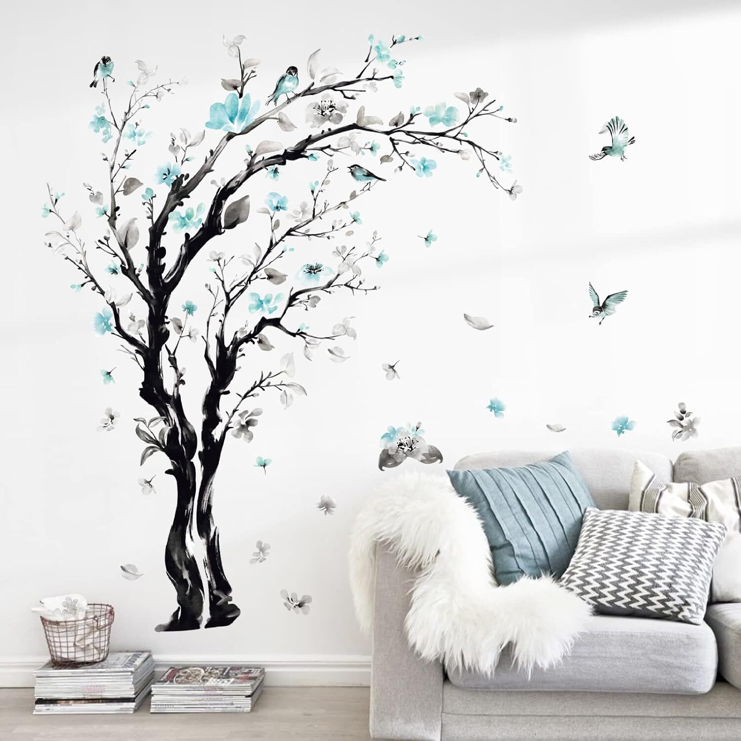 decalmile Large Watercolor Tree Wall Decals Blue Flower Branch Multi Color