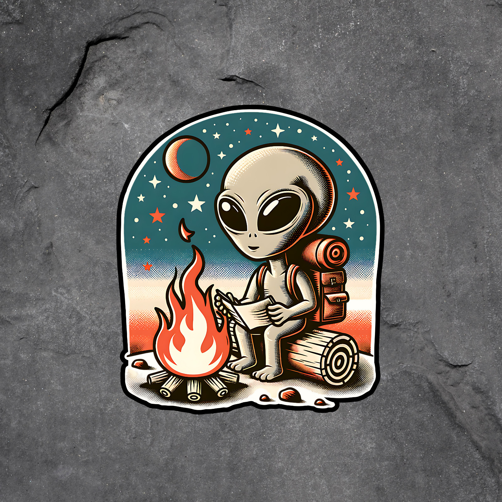 Alien sticker vinyl decal camping backpack fire stars moon retro space outdoors