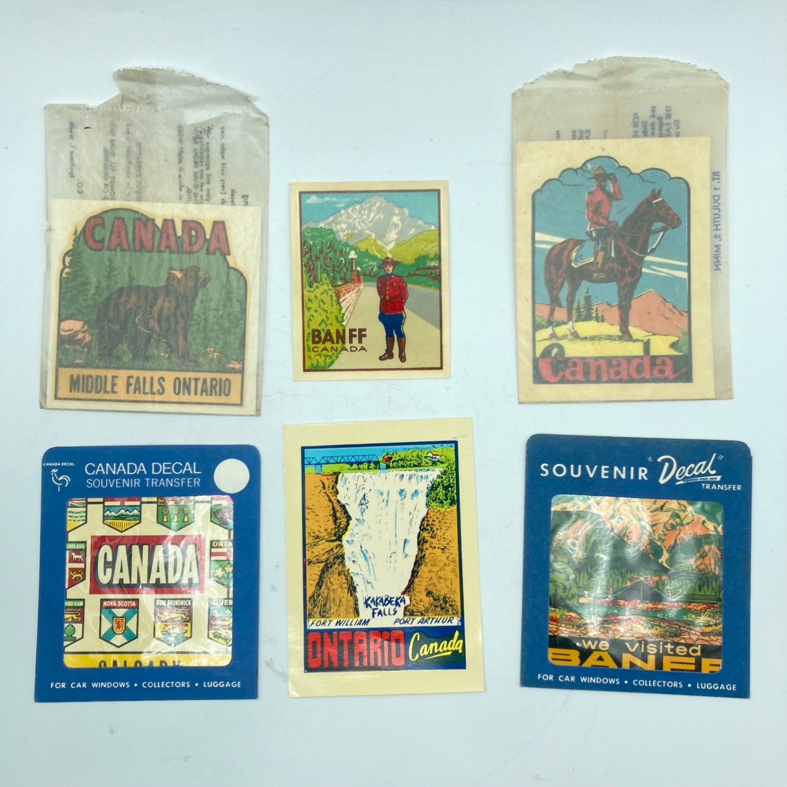 1960s Canadian Travel Decals Unused Banff Mountie Calgary 6 Decals