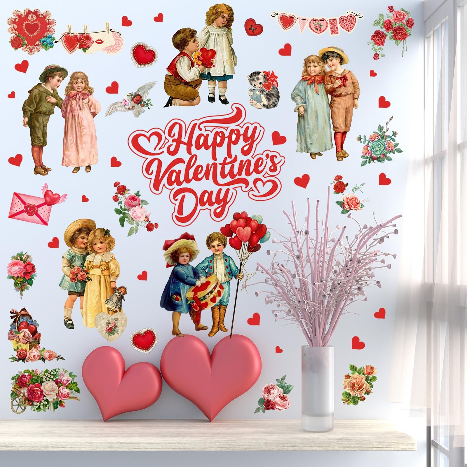 9 Sheets Valentine's Day Wall Decals Vintage Victorian People Rose Heart Wall St