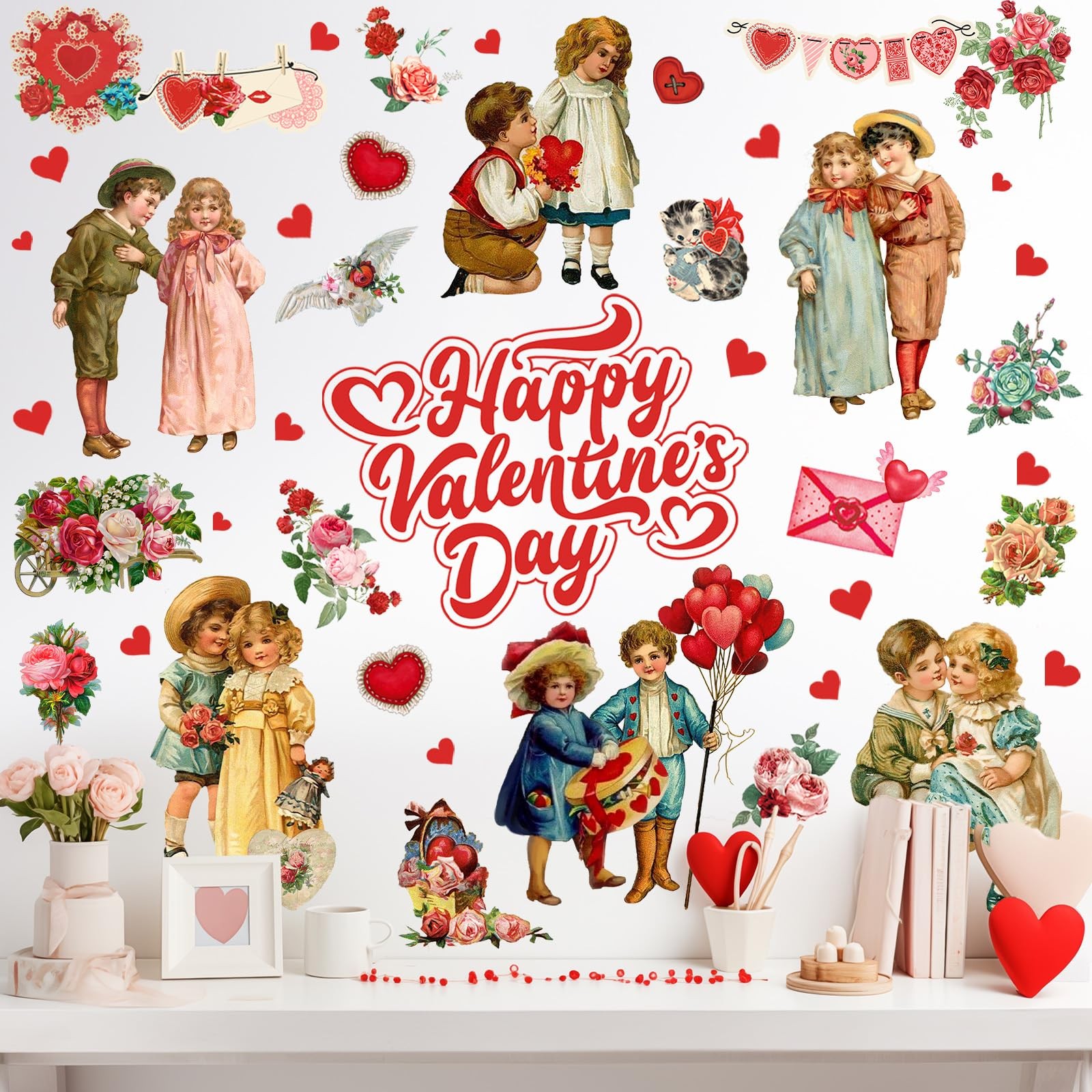 9 Sheets Valentine's Day Wall Decals Vintage Victorian People Rose Heart Wall St