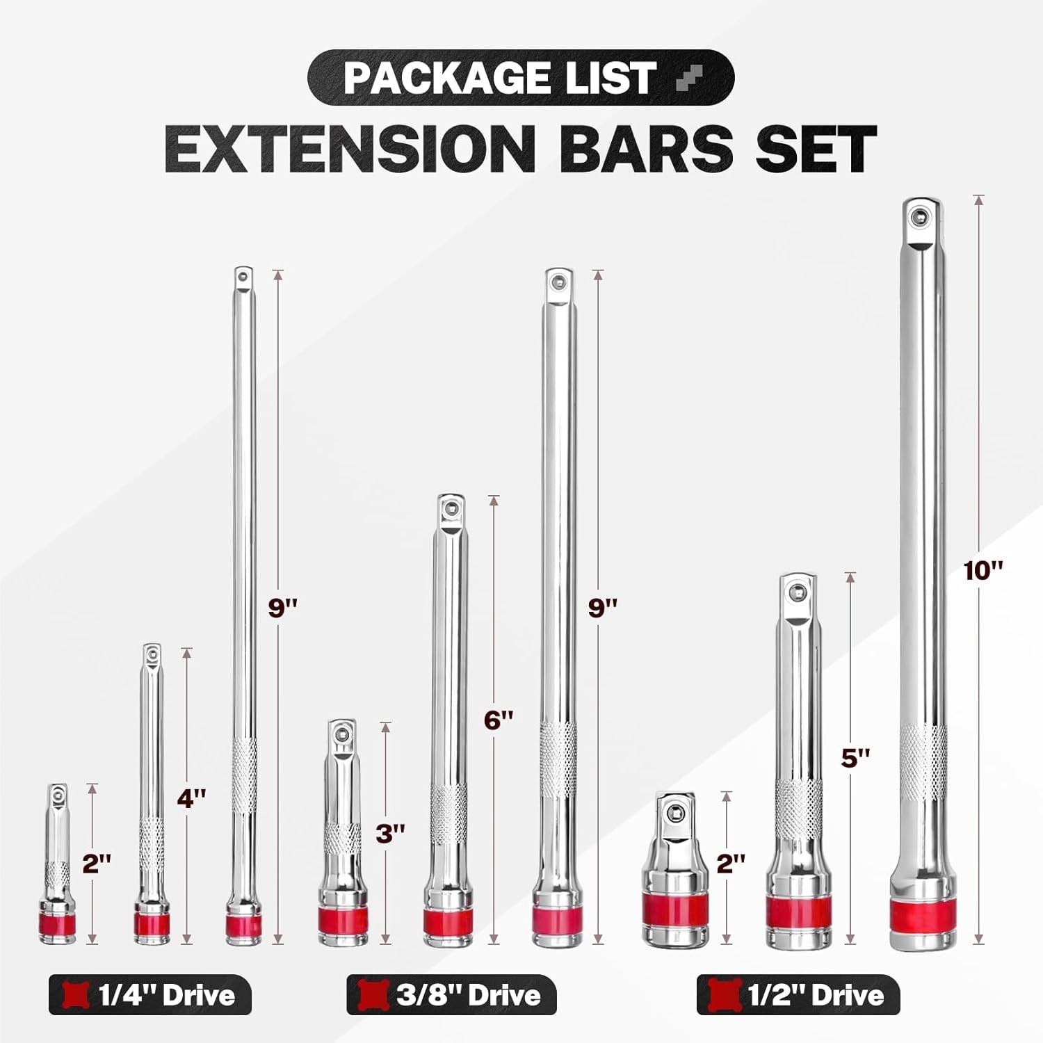 9 PCS Ratchet Extension Set, 1/4" 3/8" 1/2" Drive Extension Set, CR-V Steel wit