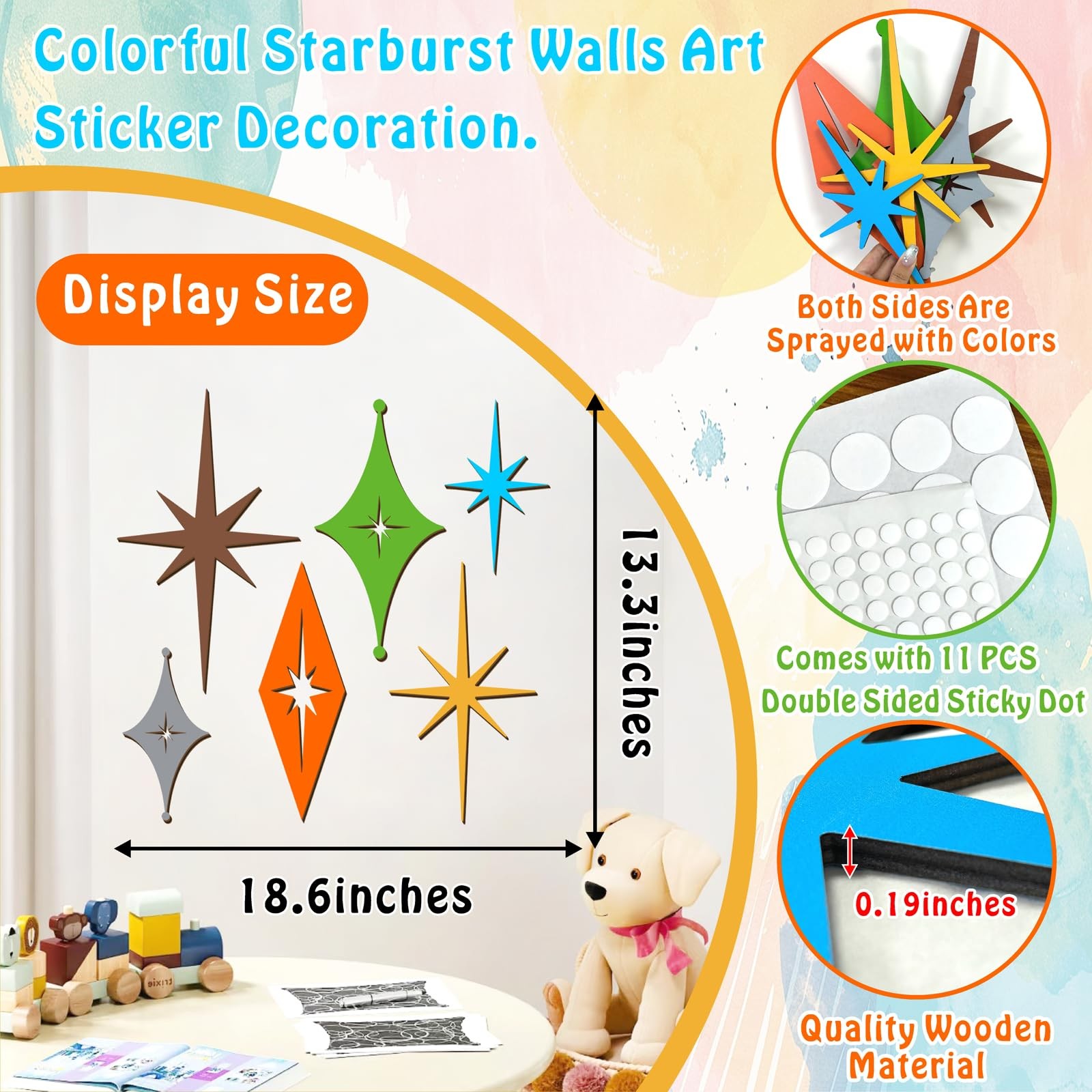 6 Pcs Wooden Star Wall Decor Colorful Starburst Walls Art Mid Century Modern …