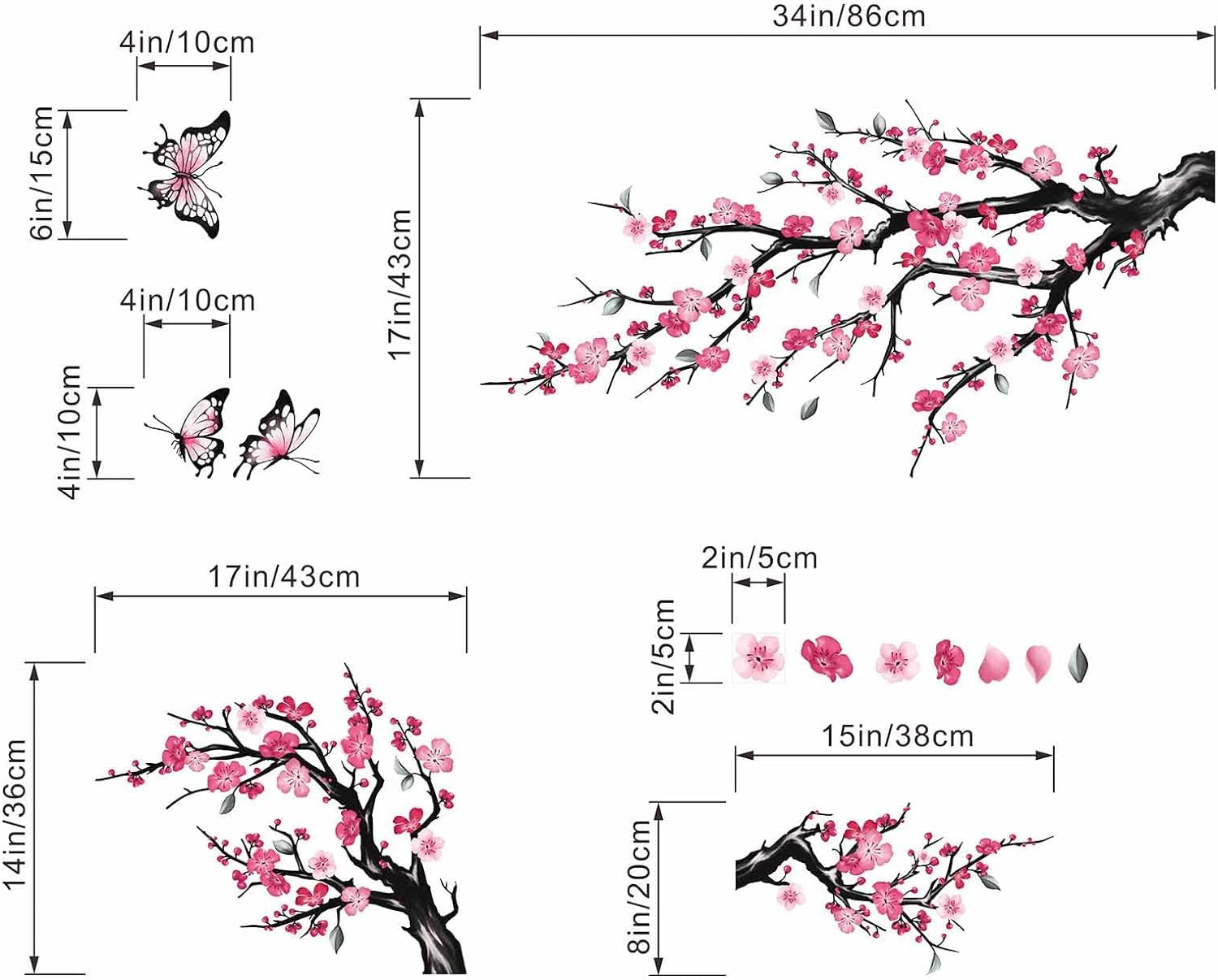 Pink Cherry Blossom Wall Stickers Tree Branch Birds Floral Decals Home Decor