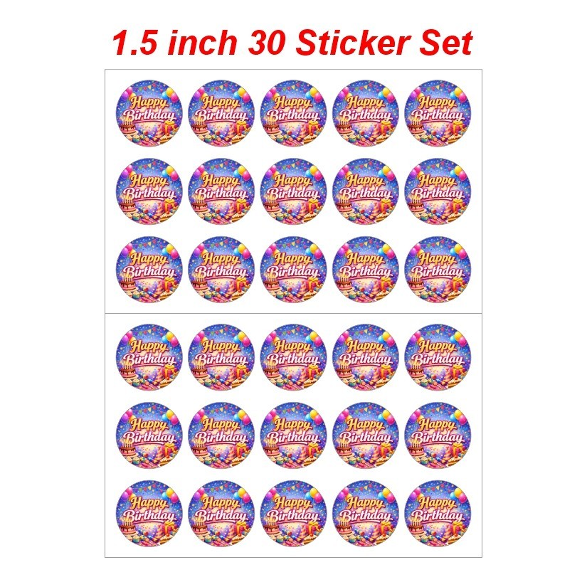 Happy Birthday Round Dot Stickers Set, 1.2" & 1.5"