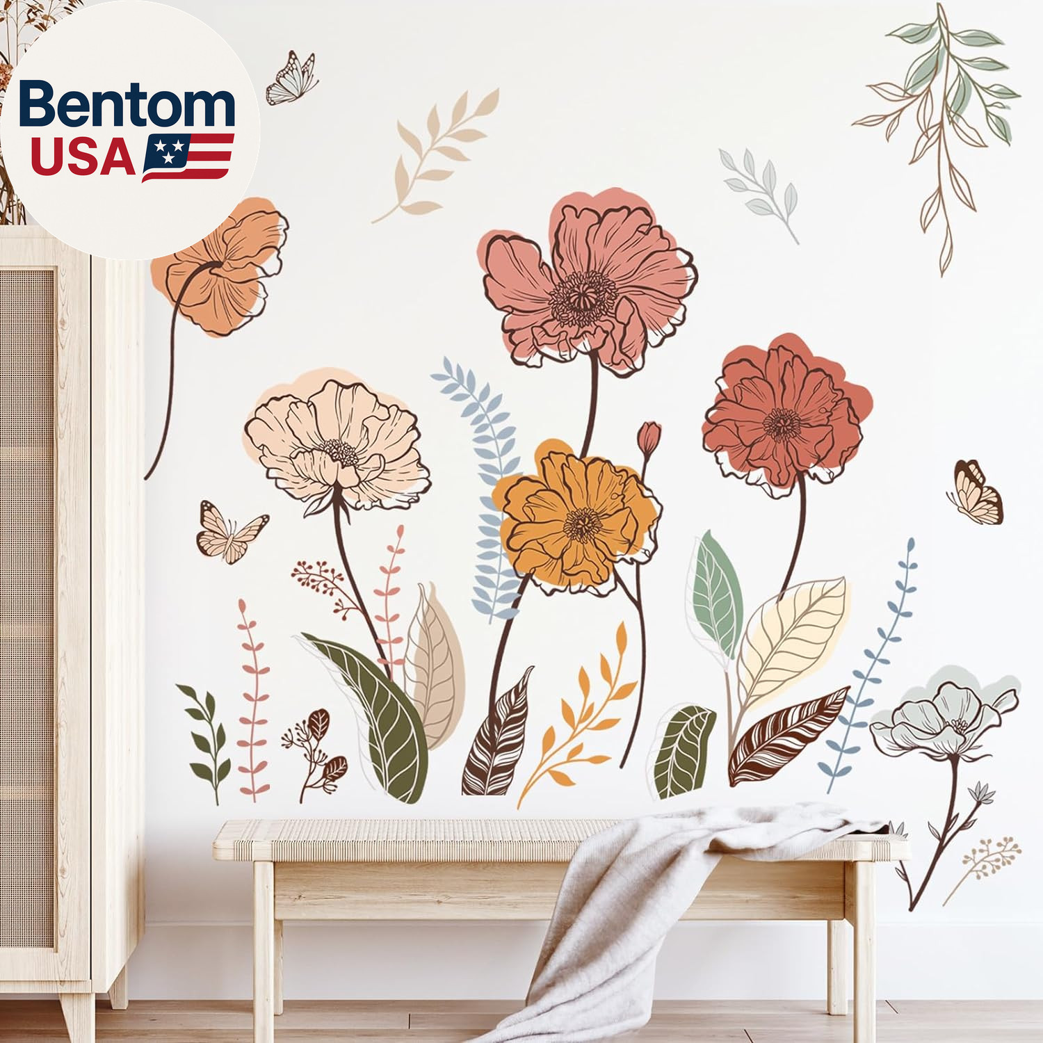 Boho Flower Wall Stickers Wildflower Floral Grass Peel and Stick Wall Art Decals
