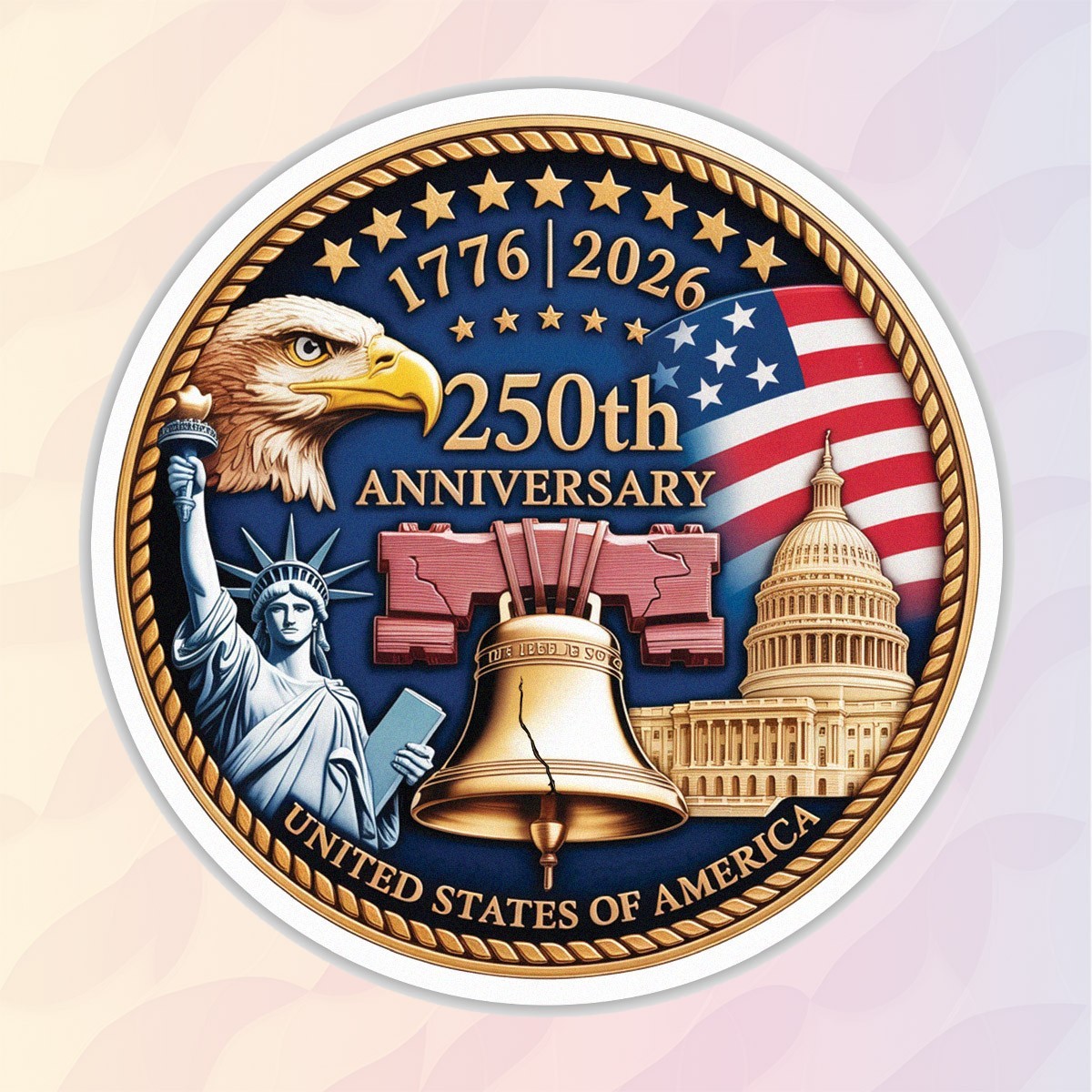 250th Anniversary of USA Sticker, Patriotic Eagle Flag Liberty Bell Size 5"
