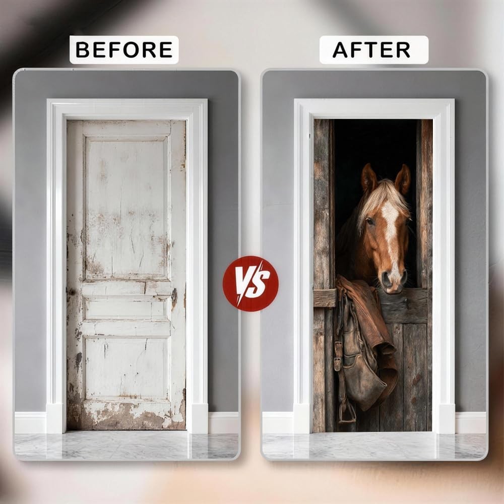 1PC Rustic Horse Door Sticker 30.3×78.7 Inch Adhesive PVC Peel and Stick Door…