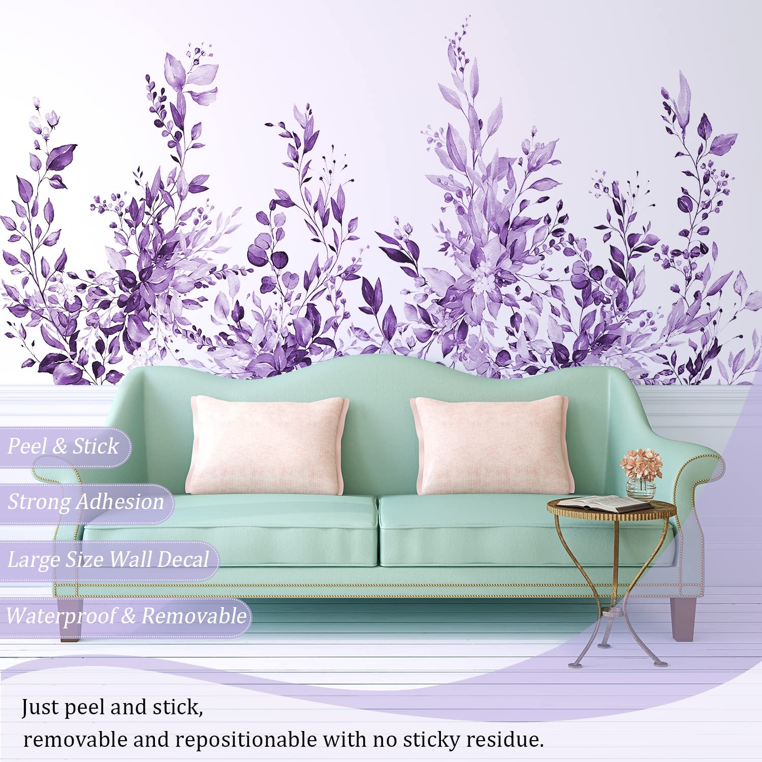 Purple Plants Leaves Wall Decals Peel and Stick, Large Floral Flowers Wall St…