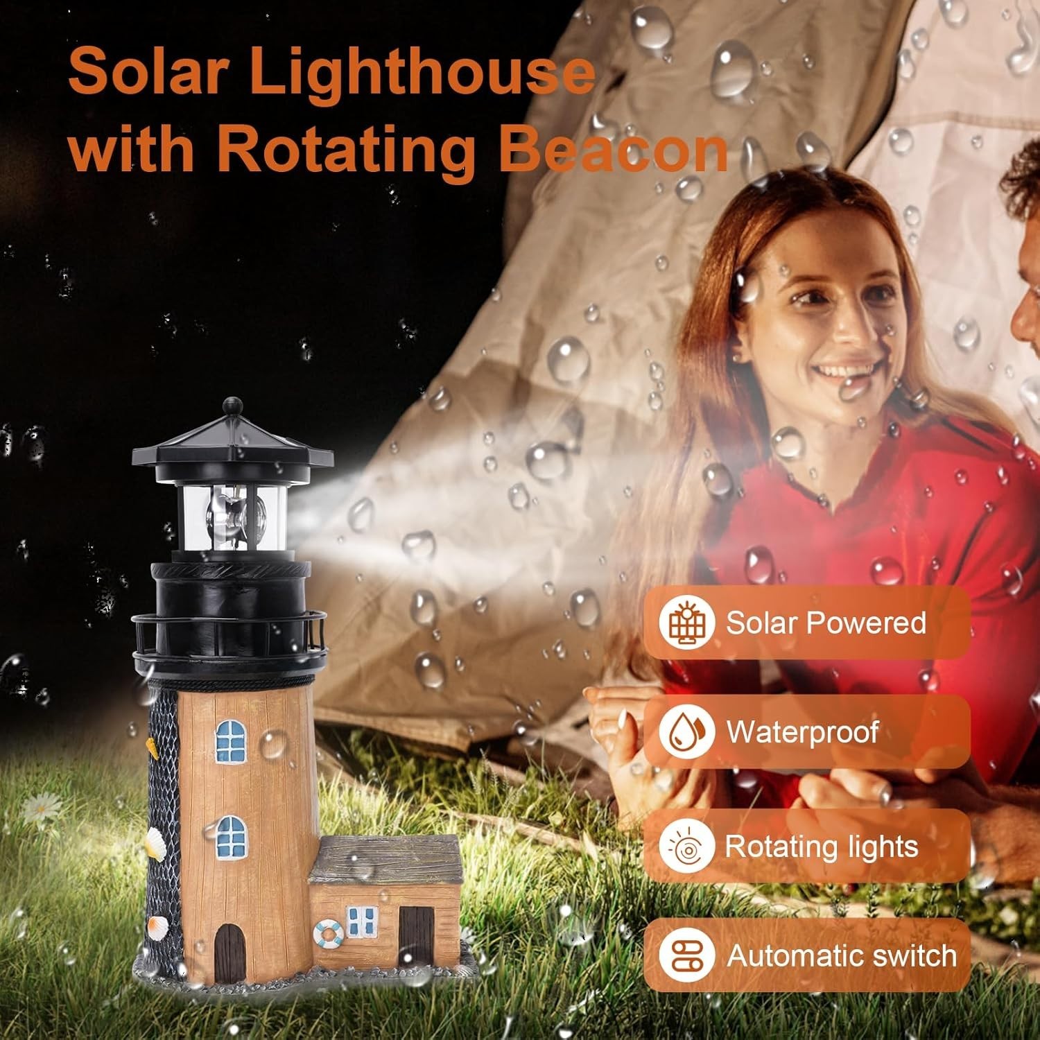 Solar Lighthouse with Rotating Beacon,11.1" Outdoor Garden Lighthouse Decor,Wate